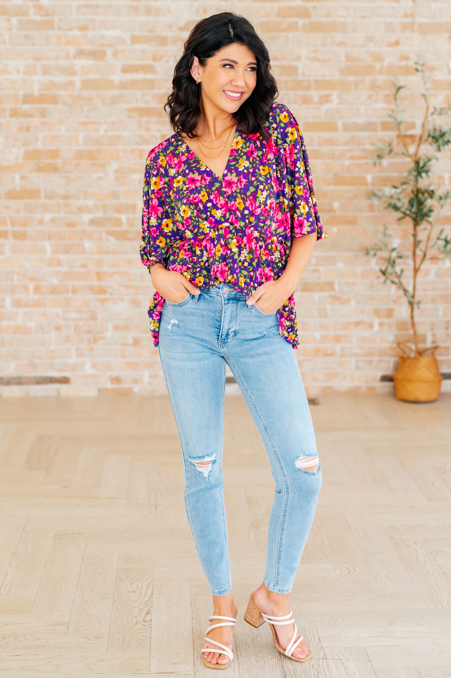 Dreamer Peplum Top in Purple and Pink Floral - Hey Hunni LLC