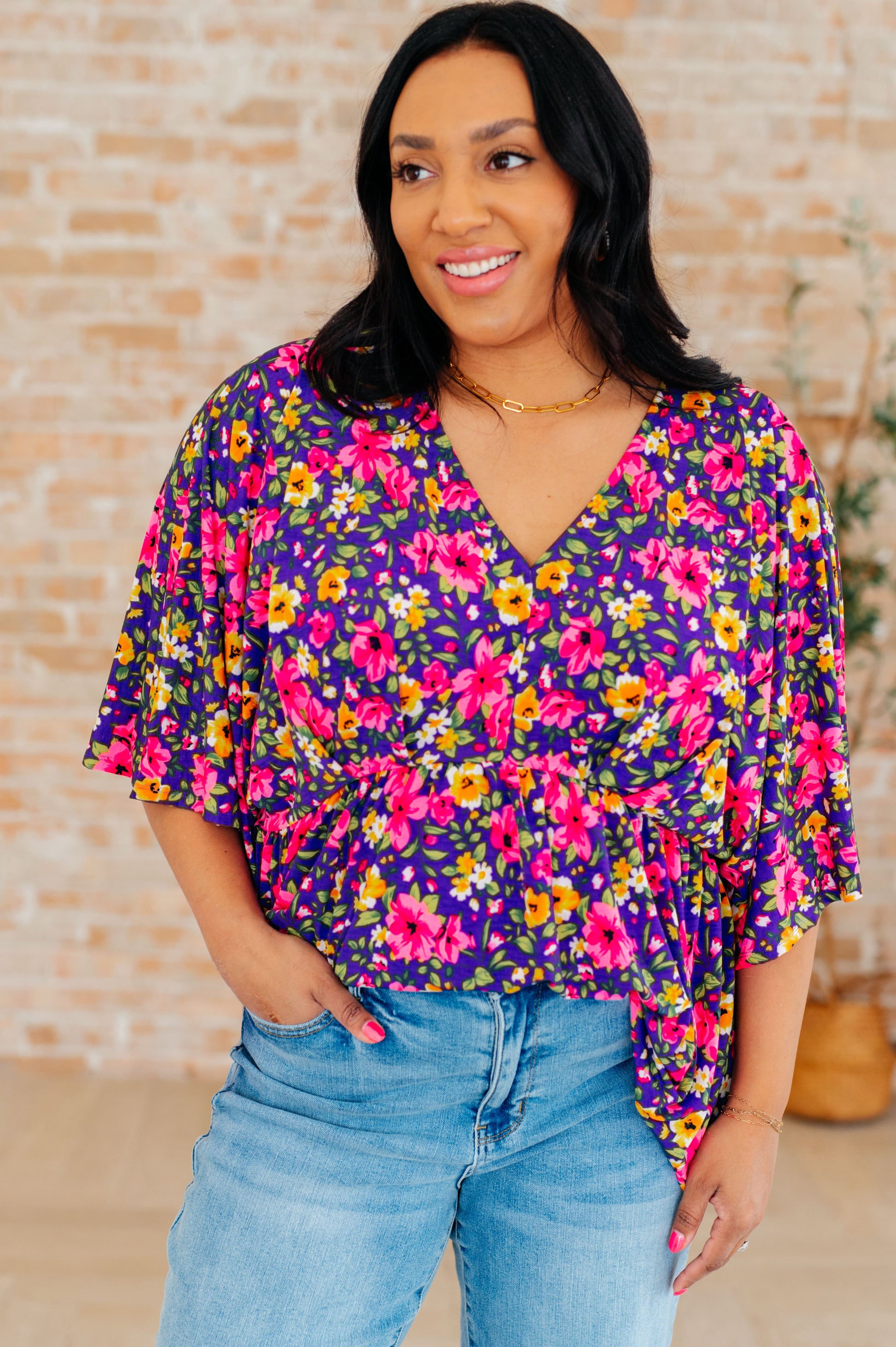 Dreamer Peplum Top in Purple and Pink Floral - Hey Hunni LLC