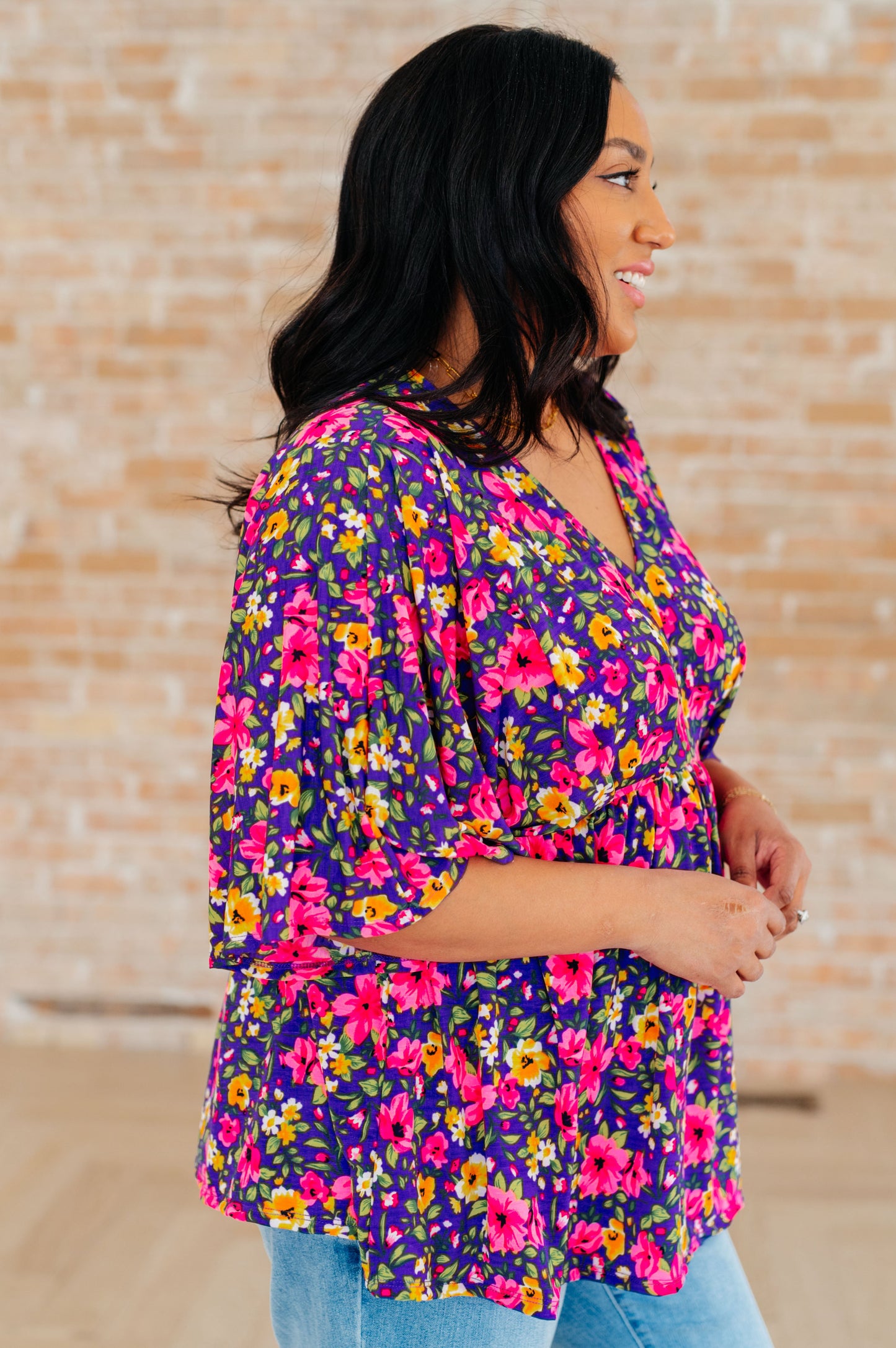 Dreamer Peplum Top in Purple and Pink Floral - Hey Hunni LLC