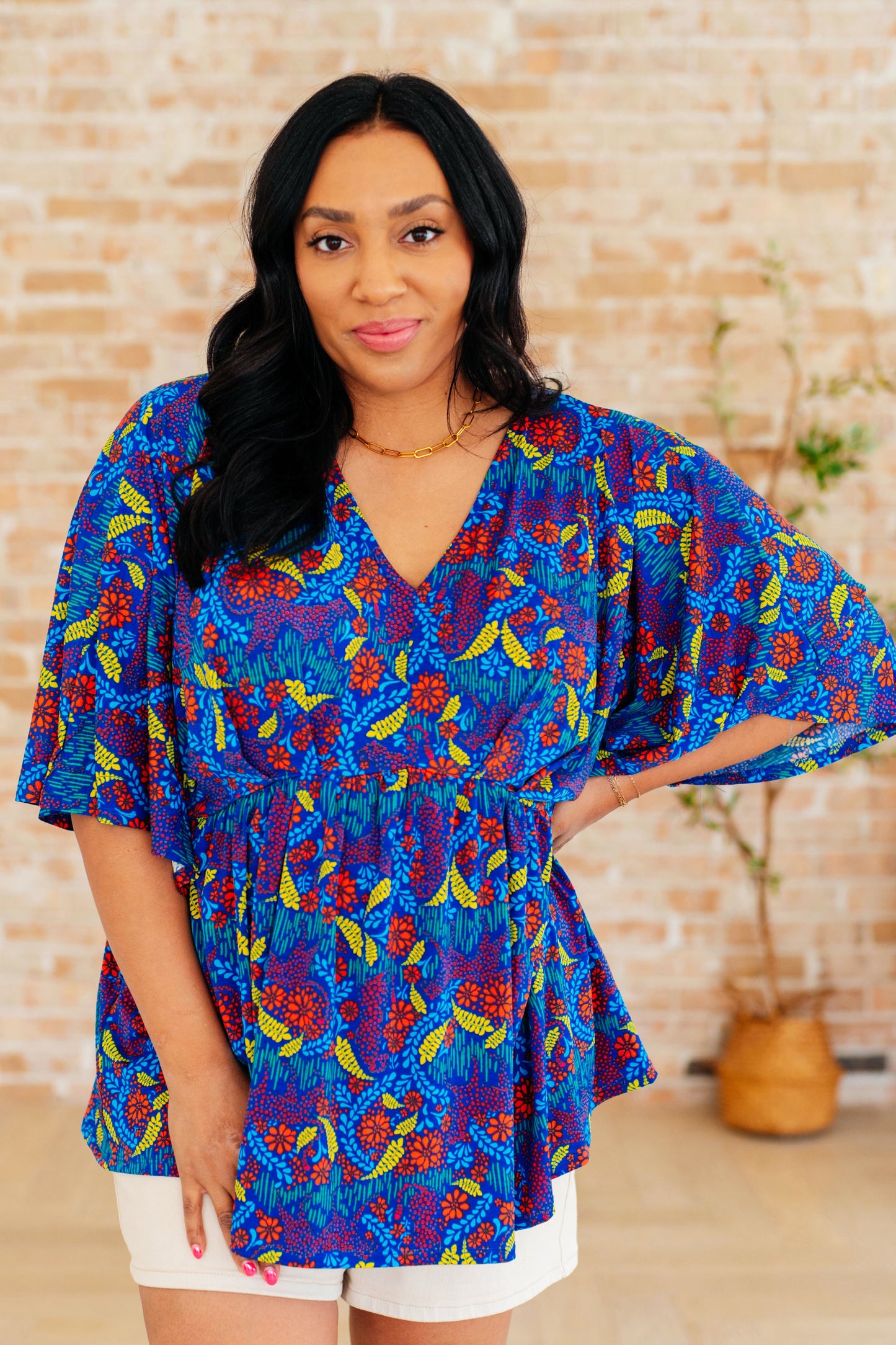 Dreamer Peplum Top in Royal and Red Abstract - Hey Hunni LLC