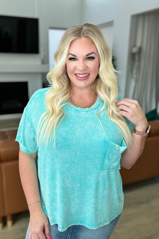 Mineral Wash Ribbed Round Neck Top in Turquoise - Hey Hunni LLC