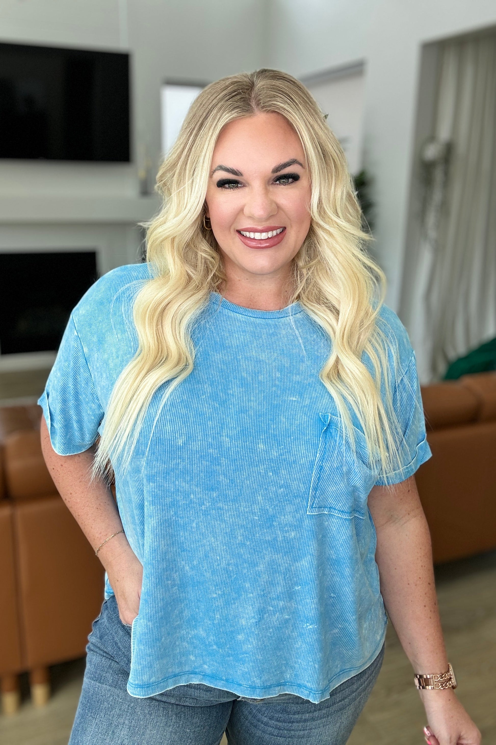 Mineral Wash Ribbed Round Neck Top in Sky Blue - Hey Hunni LLC