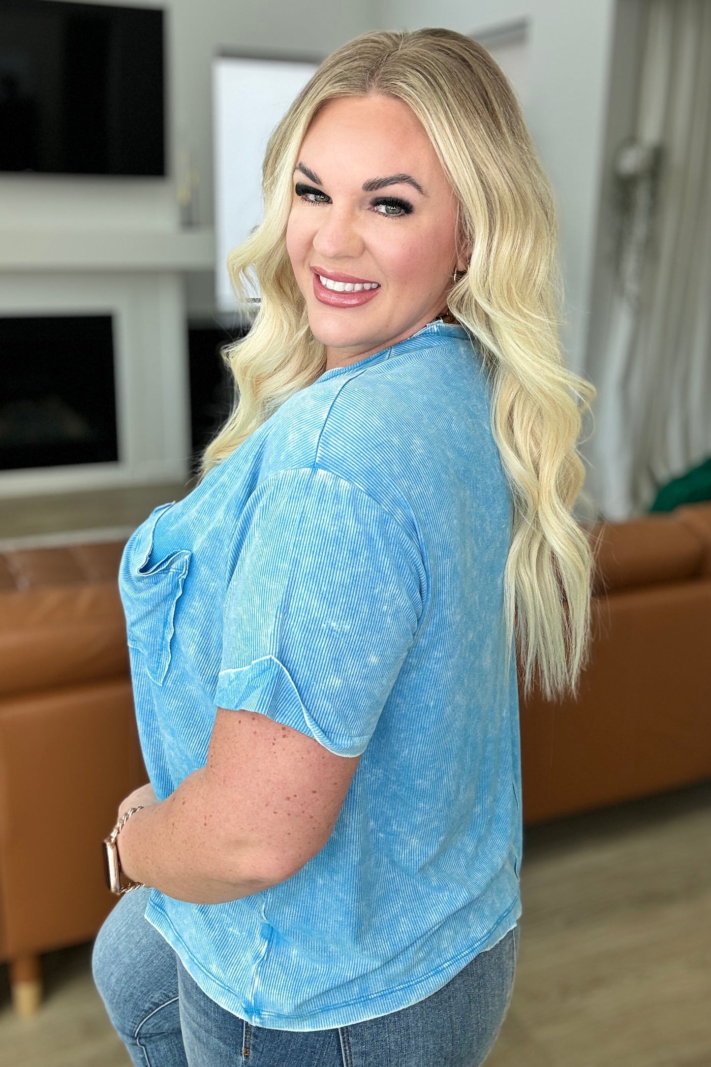 Mineral Wash Ribbed Round Neck Top in Sky Blue - Hey Hunni LLC