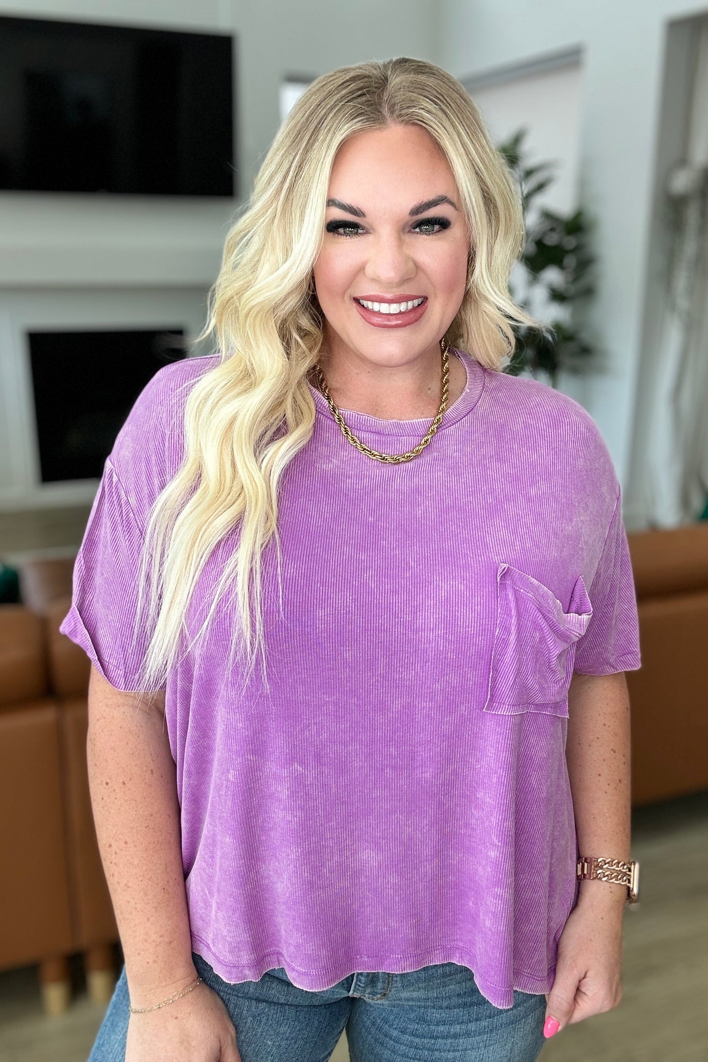 Mineral Wash Ribbed Round Neck Top in Bright Violet - Hey Hunni LLC