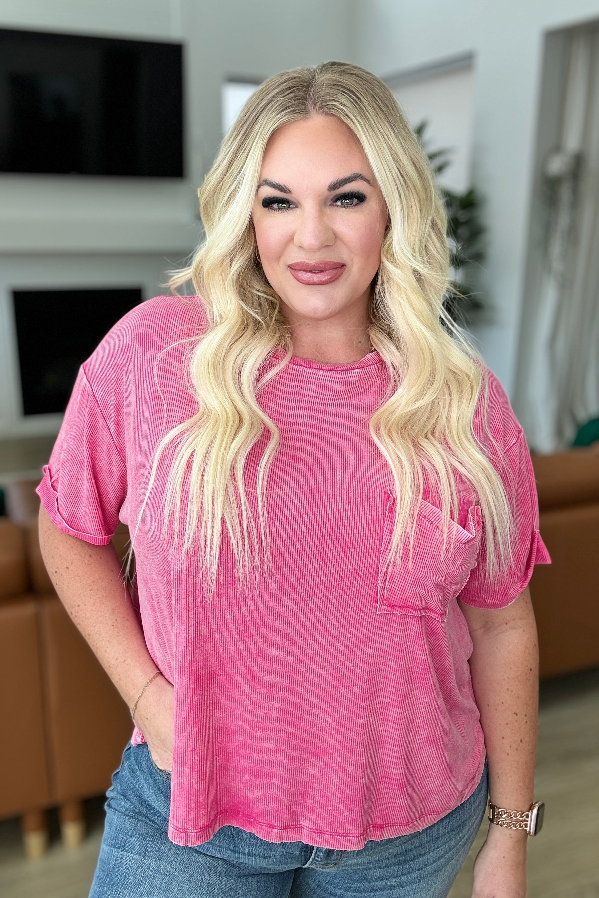 Mineral Wash Ribbed Round Neck Top in Hot Pink - Hey Hunni LLC