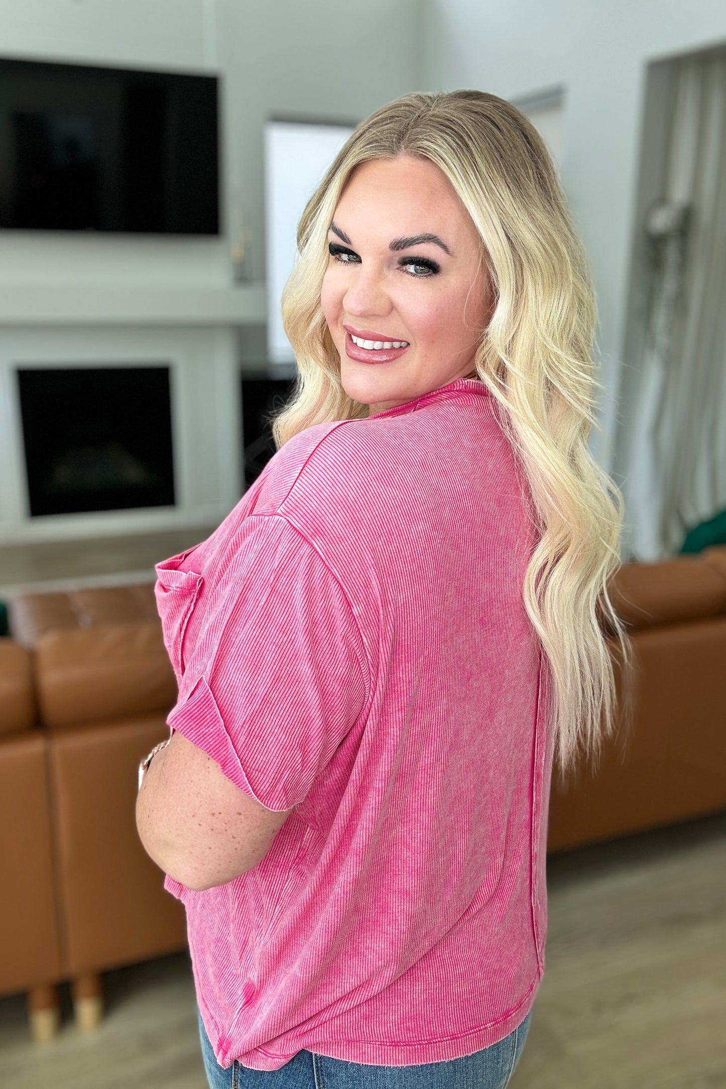 Mineral Wash Ribbed Round Neck Top in Hot Pink - Hey Hunni LLC