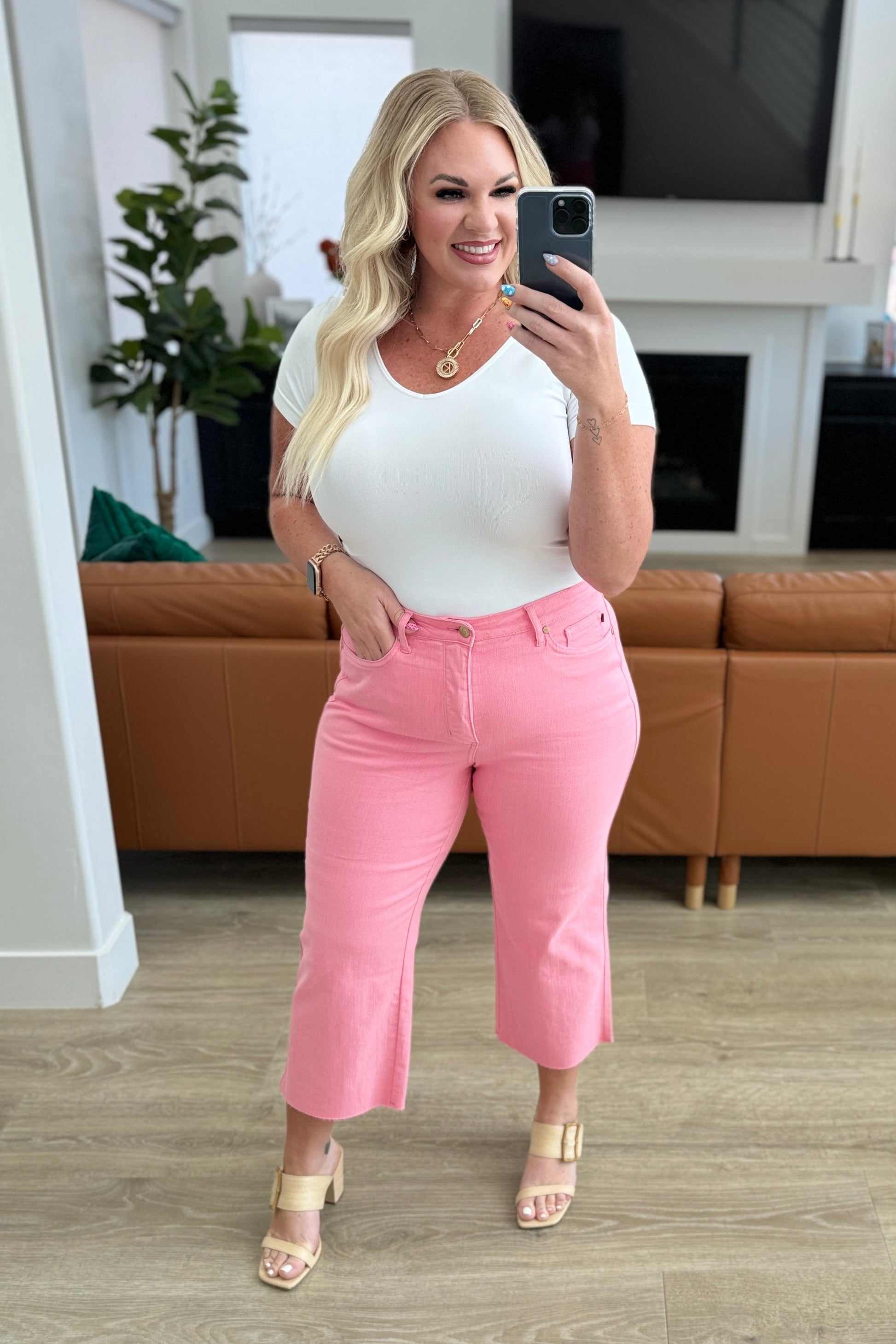 Lisa High Rise Control Top Wide Leg Crop Jeans in Pink - Hey Hunni LLC