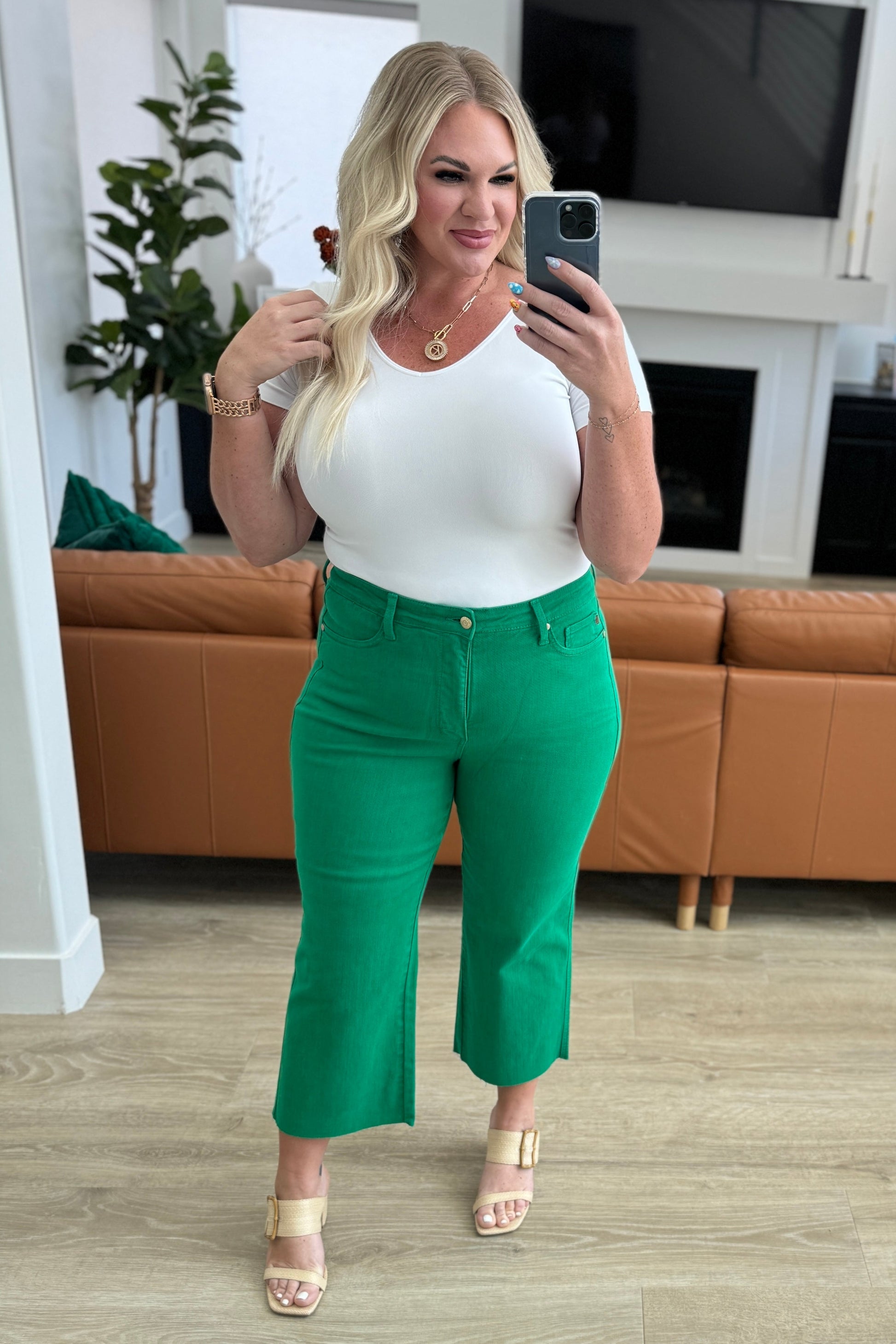 Lisa High Rise Control Top Wide Leg Crop Jeans in Kelly Green - Hey Hunni LLC