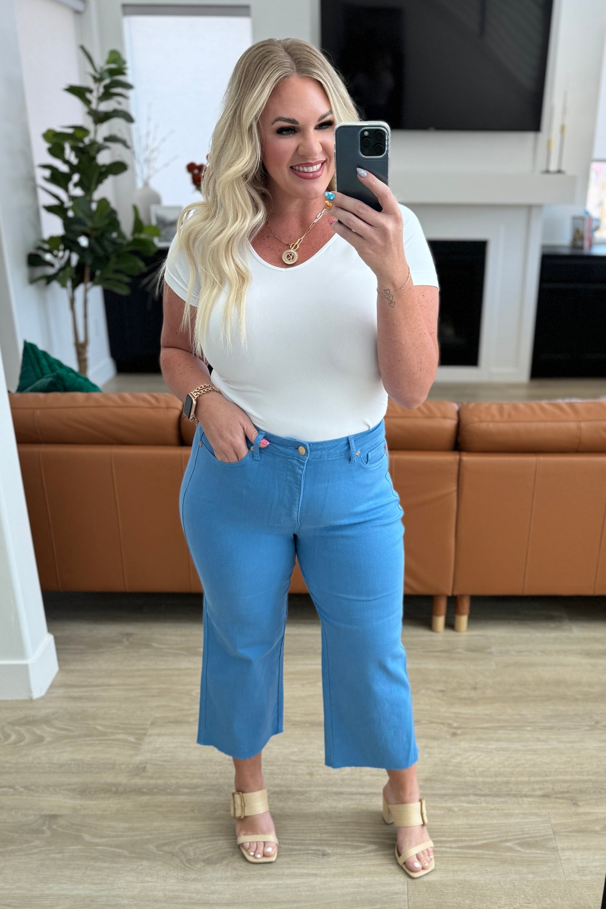 Lisa High Rise Control Top Wide Leg Crop Jeans in Sky Blue - Hey Hunni LLC