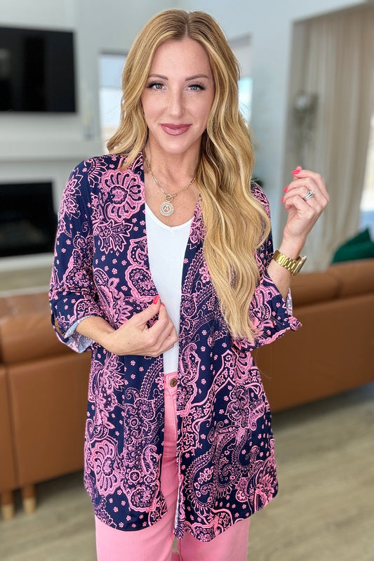 Lizzy Cardigan in Navy and Pink Paisley - Hey Hunni LLC