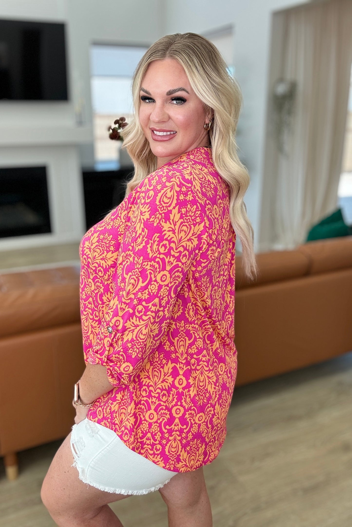 Lizzy Top in Hot Pink and Tangerine Damask - Hey Hunni LLC