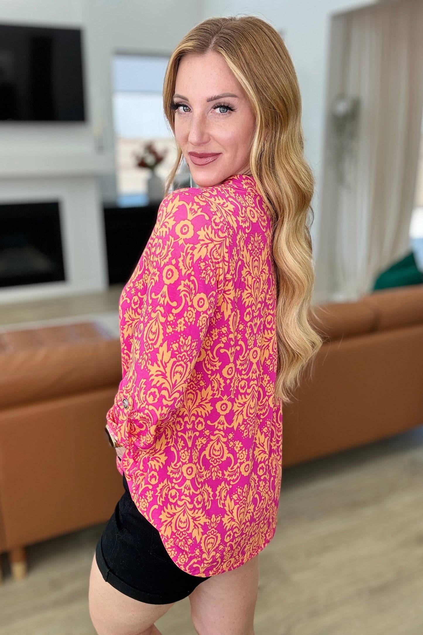 Lizzy Top in Hot Pink and Tangerine Damask - Hey Hunni LLC