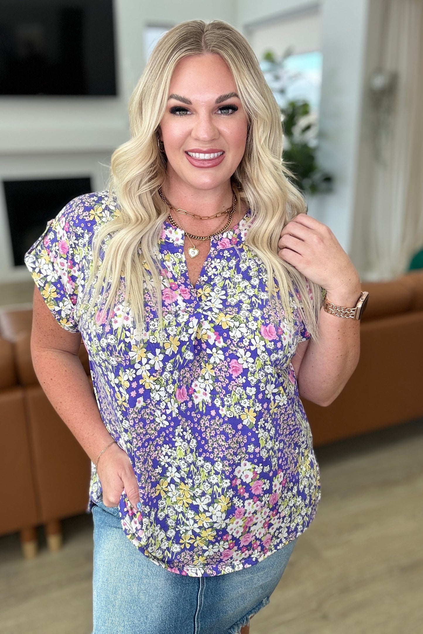 Lizzy Cap Sleeve Top in Lavender and Lime Ditsy Floral - Hey Hunni LLC