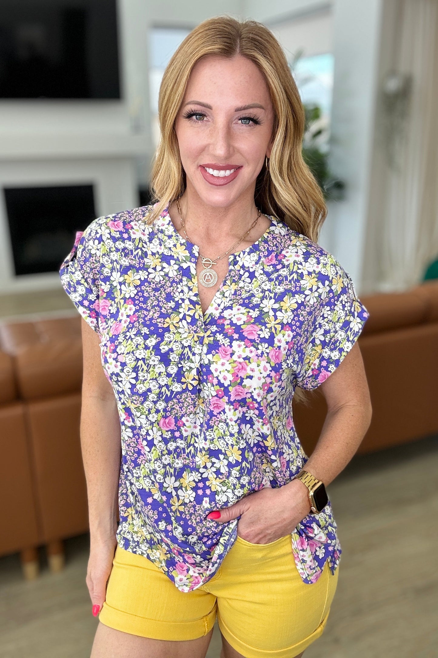 Lizzy Cap Sleeve Top in Lavender and Lime Ditsy Floral - Hey Hunni LLC