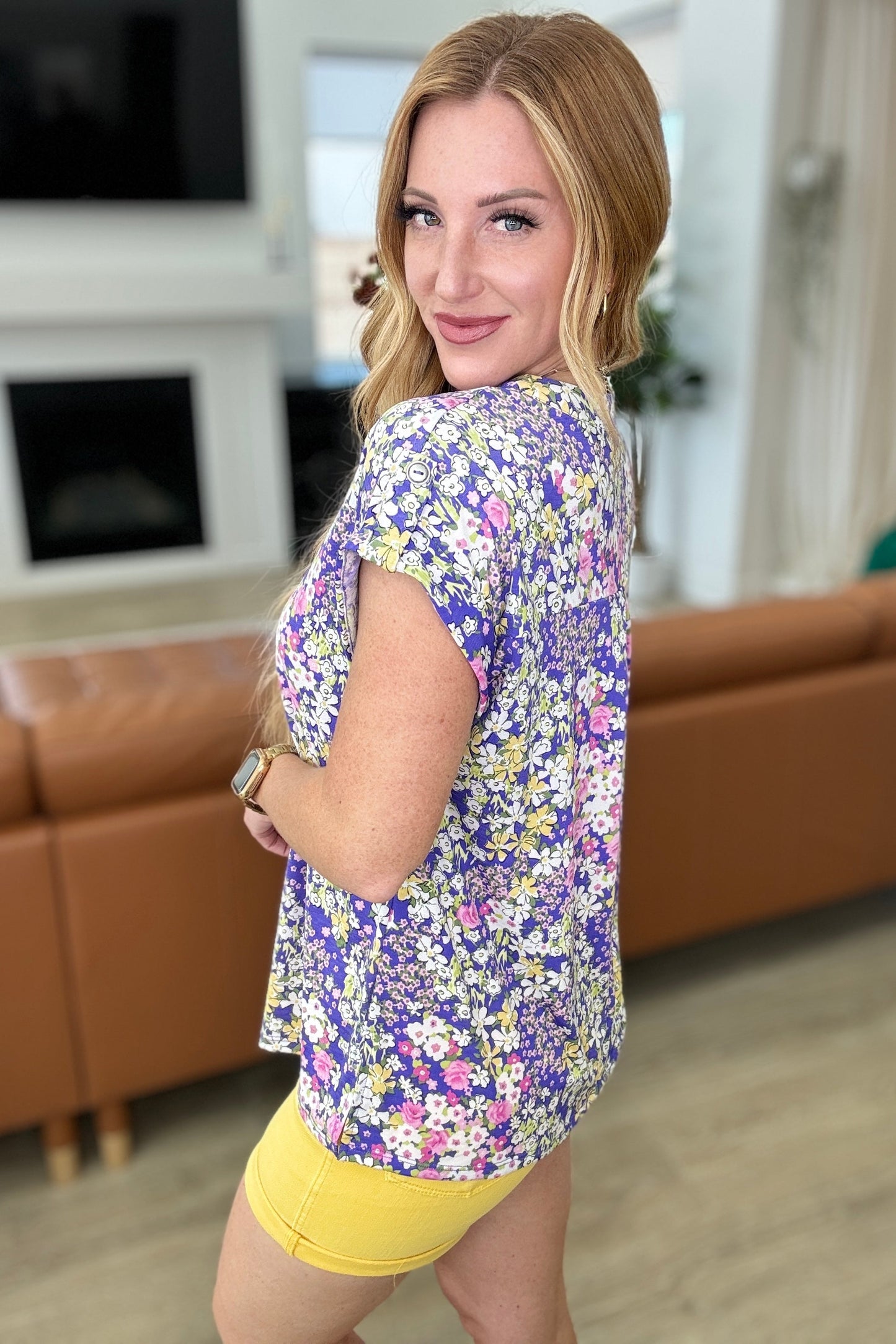 Lizzy Cap Sleeve Top in Lavender and Lime Ditsy Floral - Hey Hunni LLC