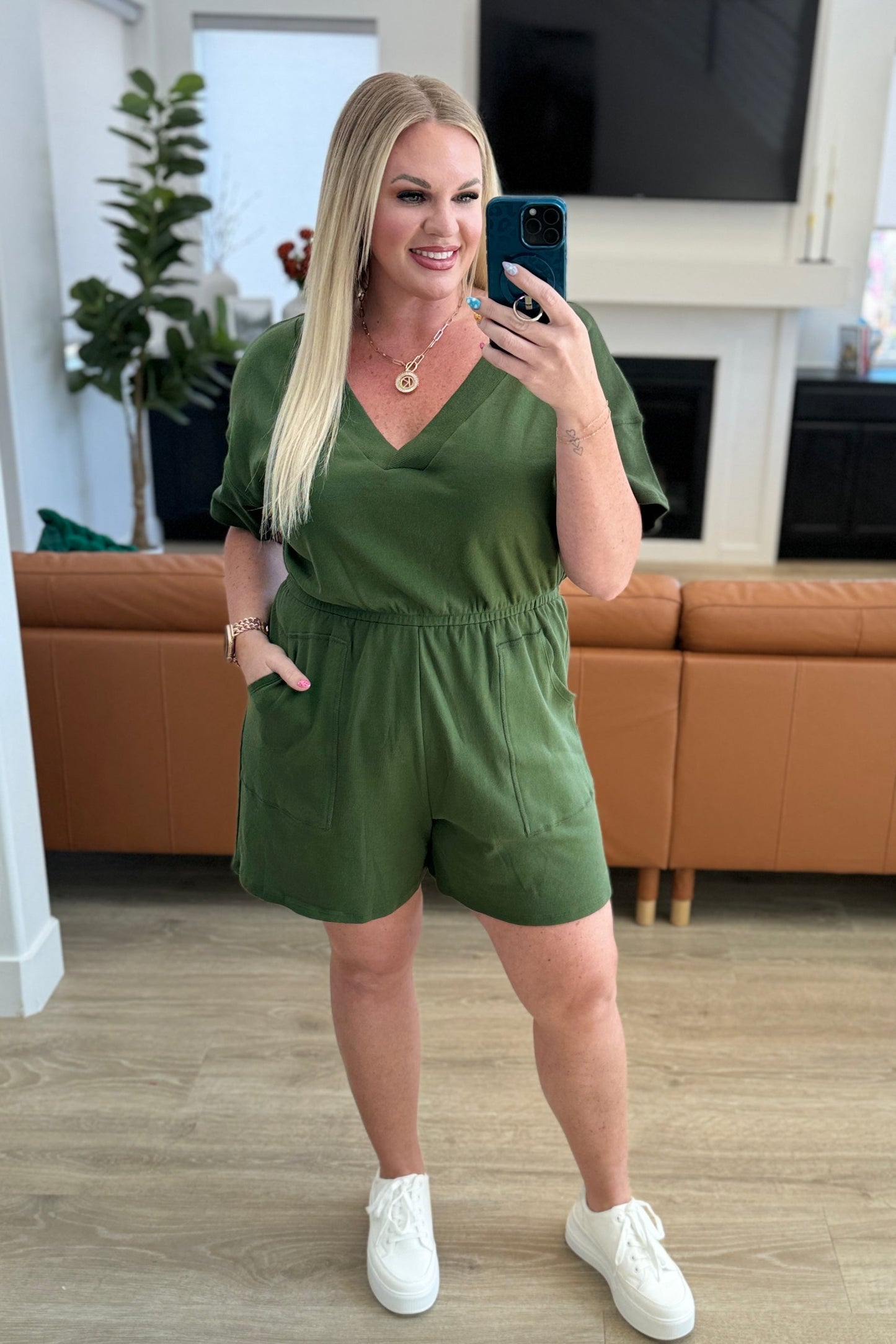 Short Sleeve V-Neck Romper in Army Green - Hey Hunni LLC