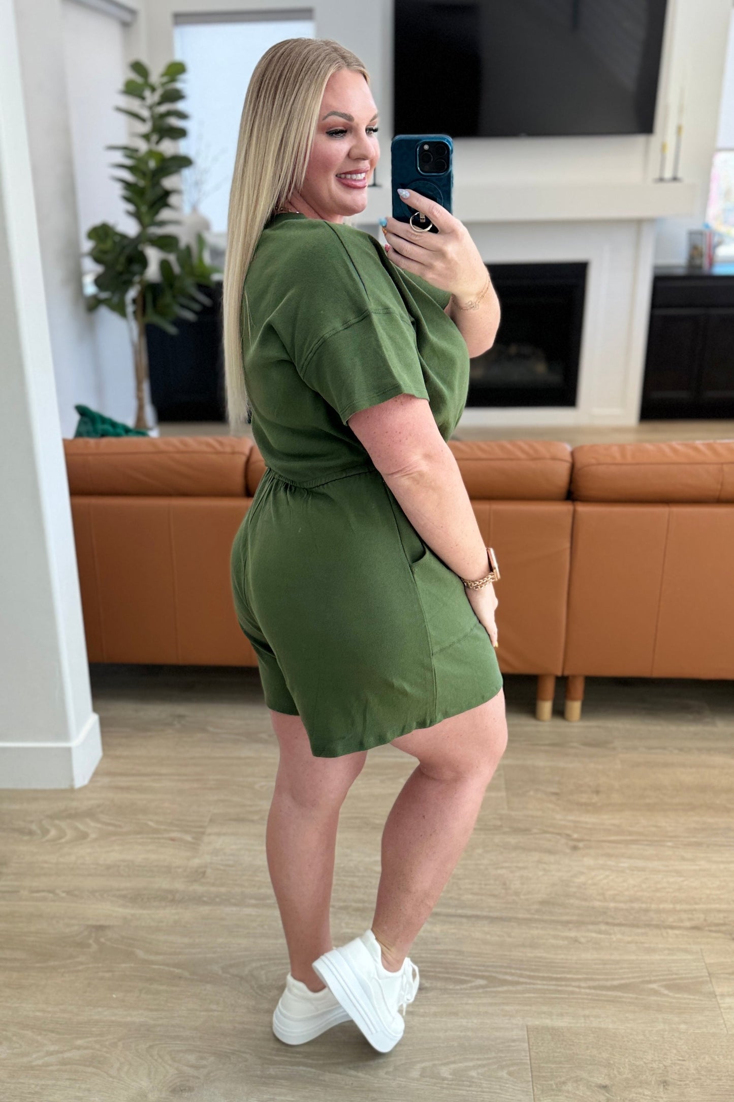 Short Sleeve V-Neck Romper in Army Green - Hey Hunni LLC