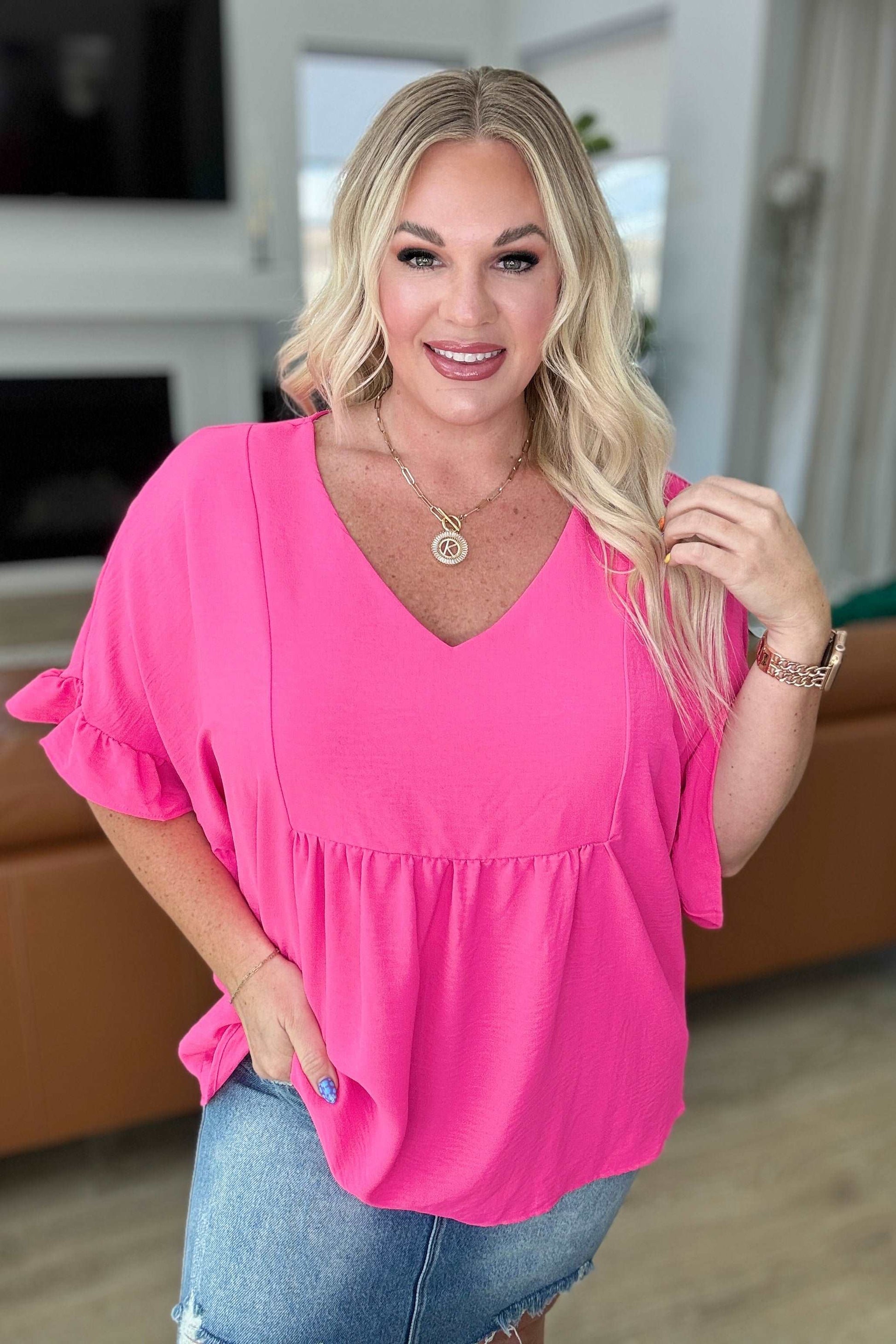 Airflow Peplum Ruffle Sleeve Top in Fuchsia Pink - Hey Hunni LLC