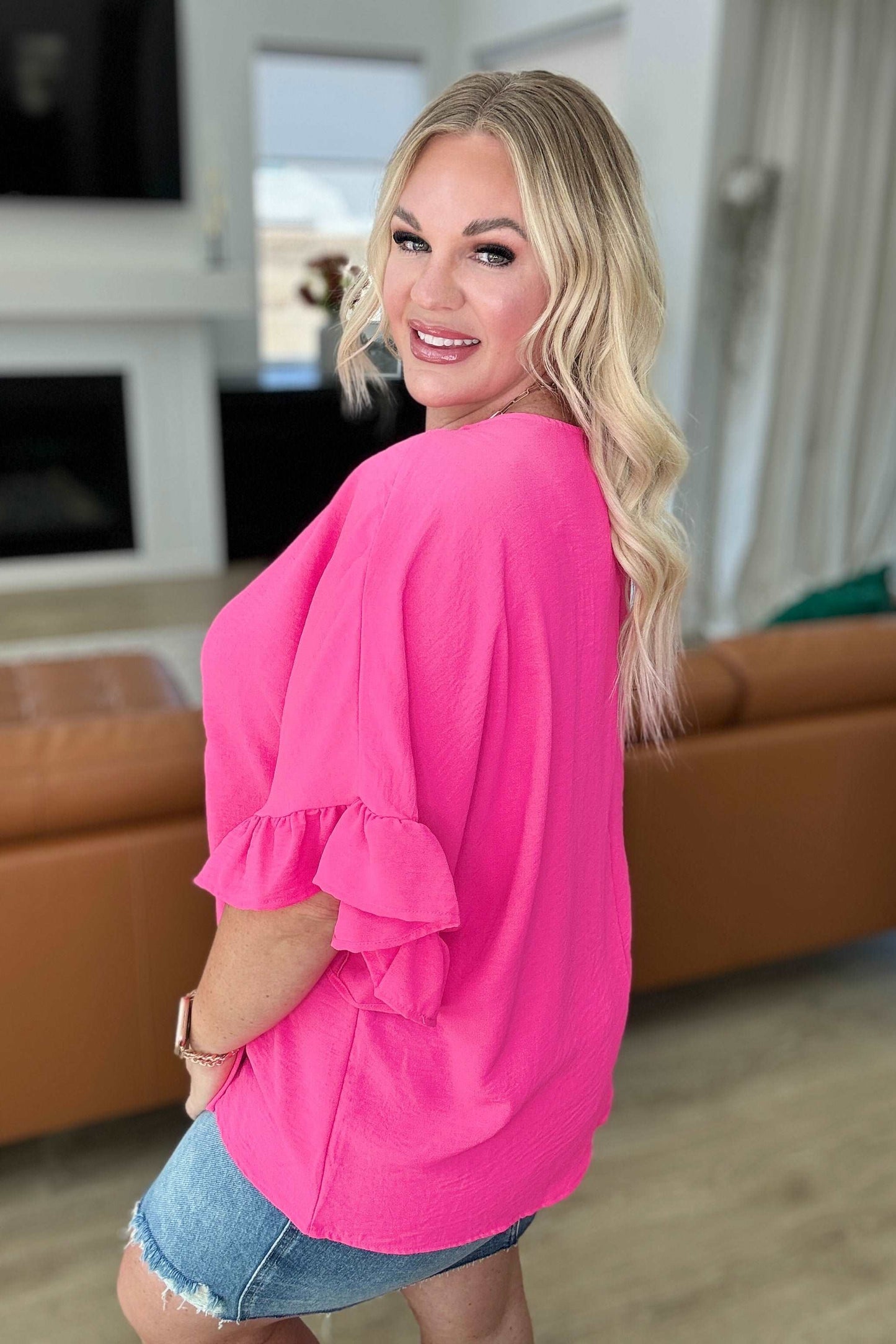 Airflow Peplum Ruffle Sleeve Top in Fuchsia Pink - Hey Hunni LLC