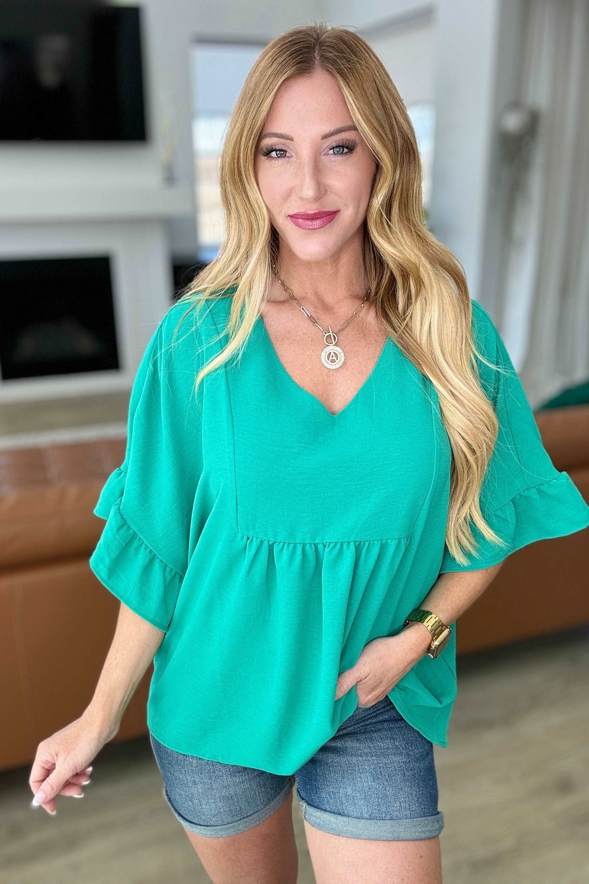 Airflow Peplum Ruffle Sleeve Top in Emerald - Hey Hunni LLC