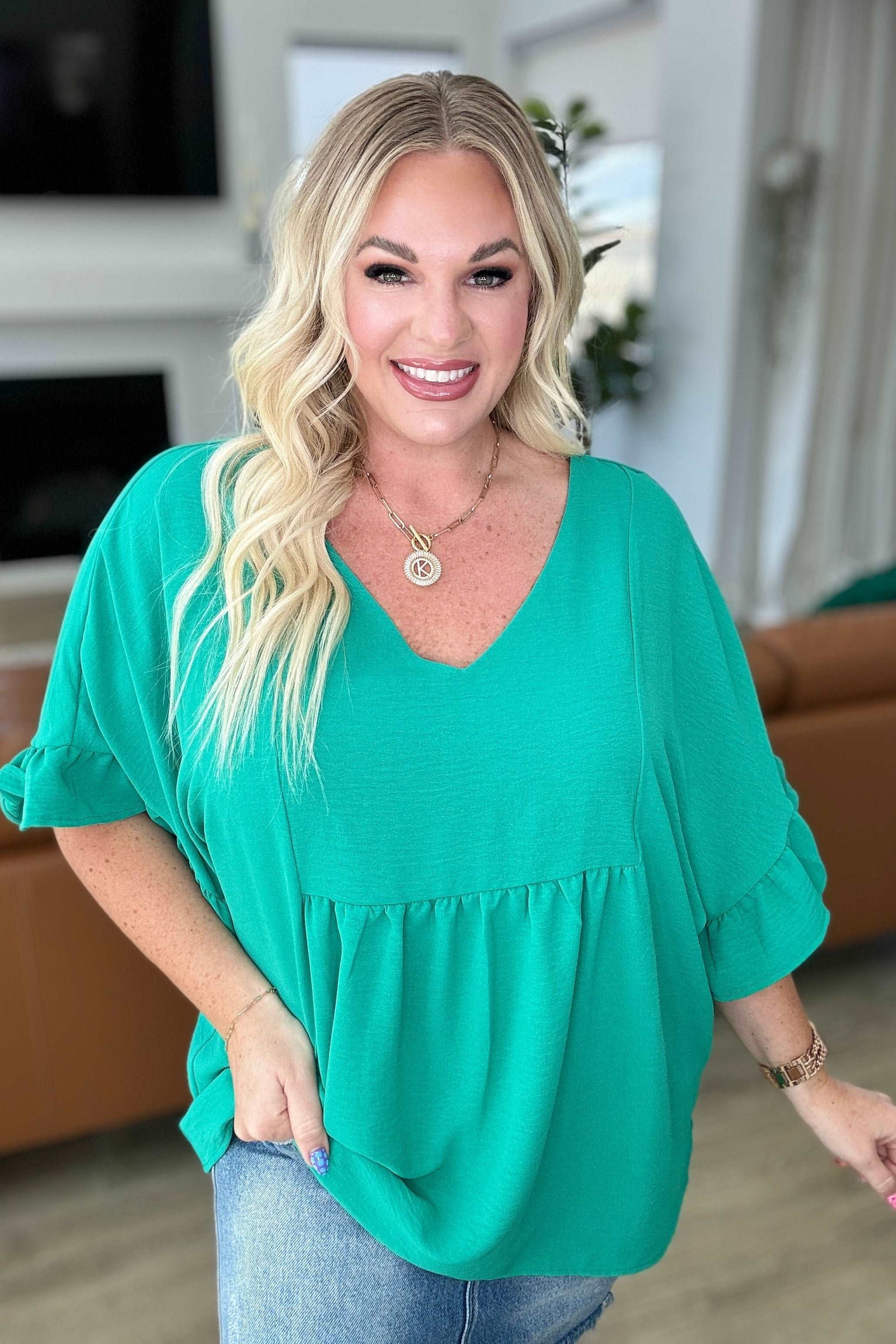 Airflow Peplum Ruffle Sleeve Top in Emerald - Hey Hunni LLC