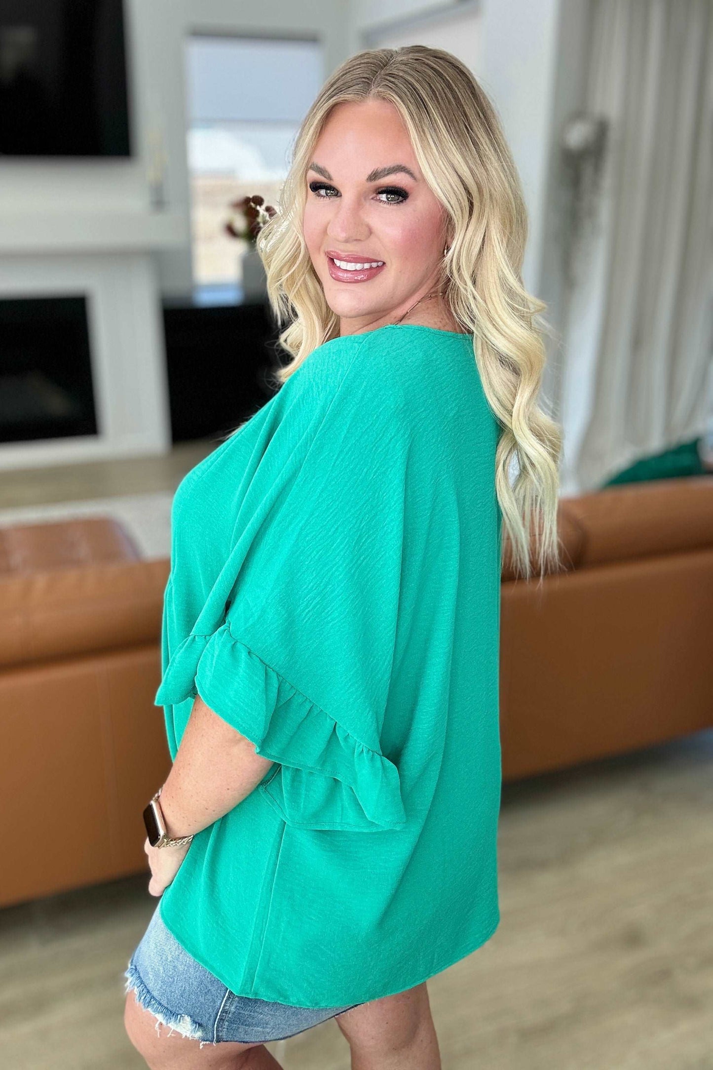 Airflow Peplum Ruffle Sleeve Top in Emerald - Hey Hunni LLC