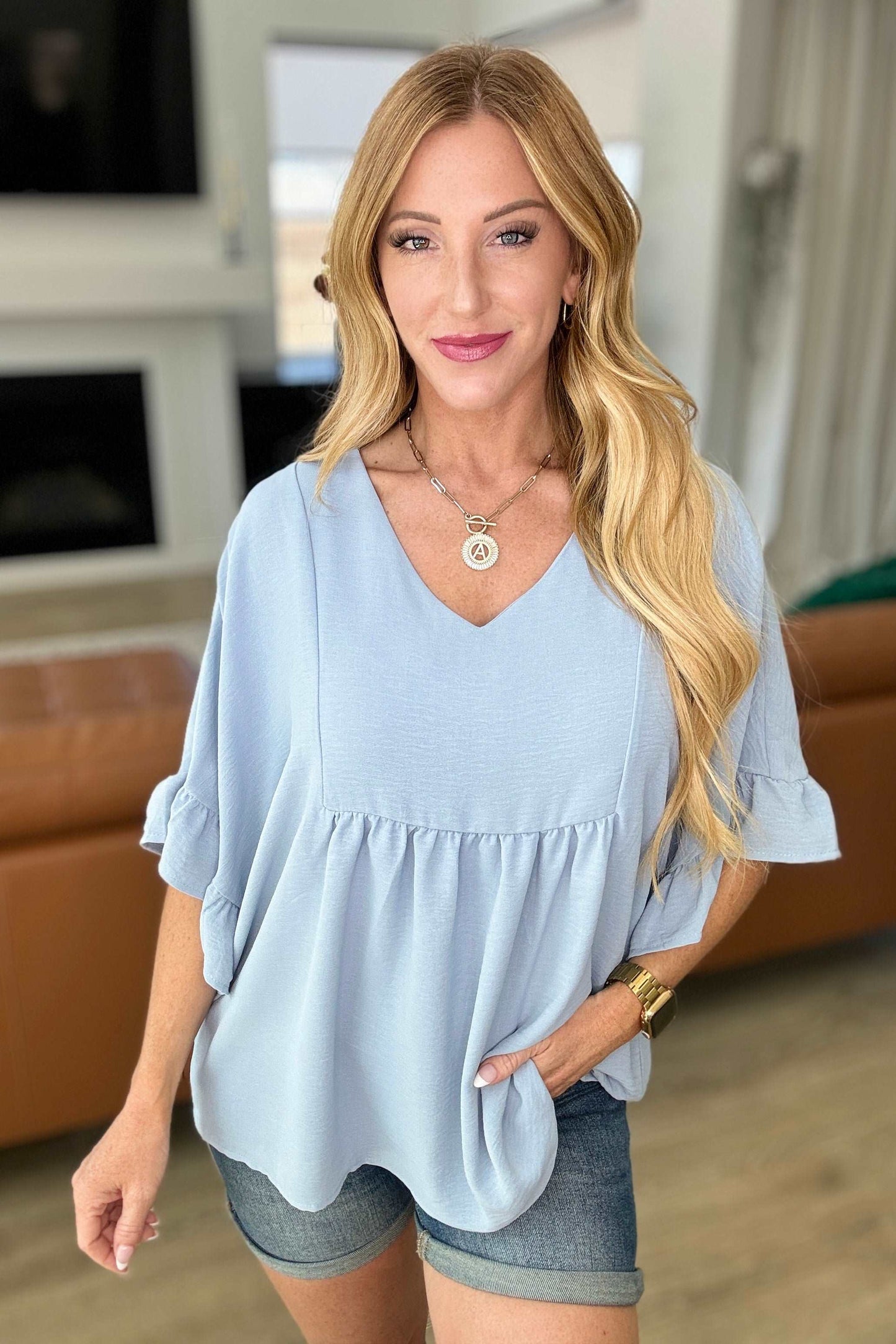 Airflow Peplum Ruffle Sleeve Top in Chambray - Hey Hunni LLC