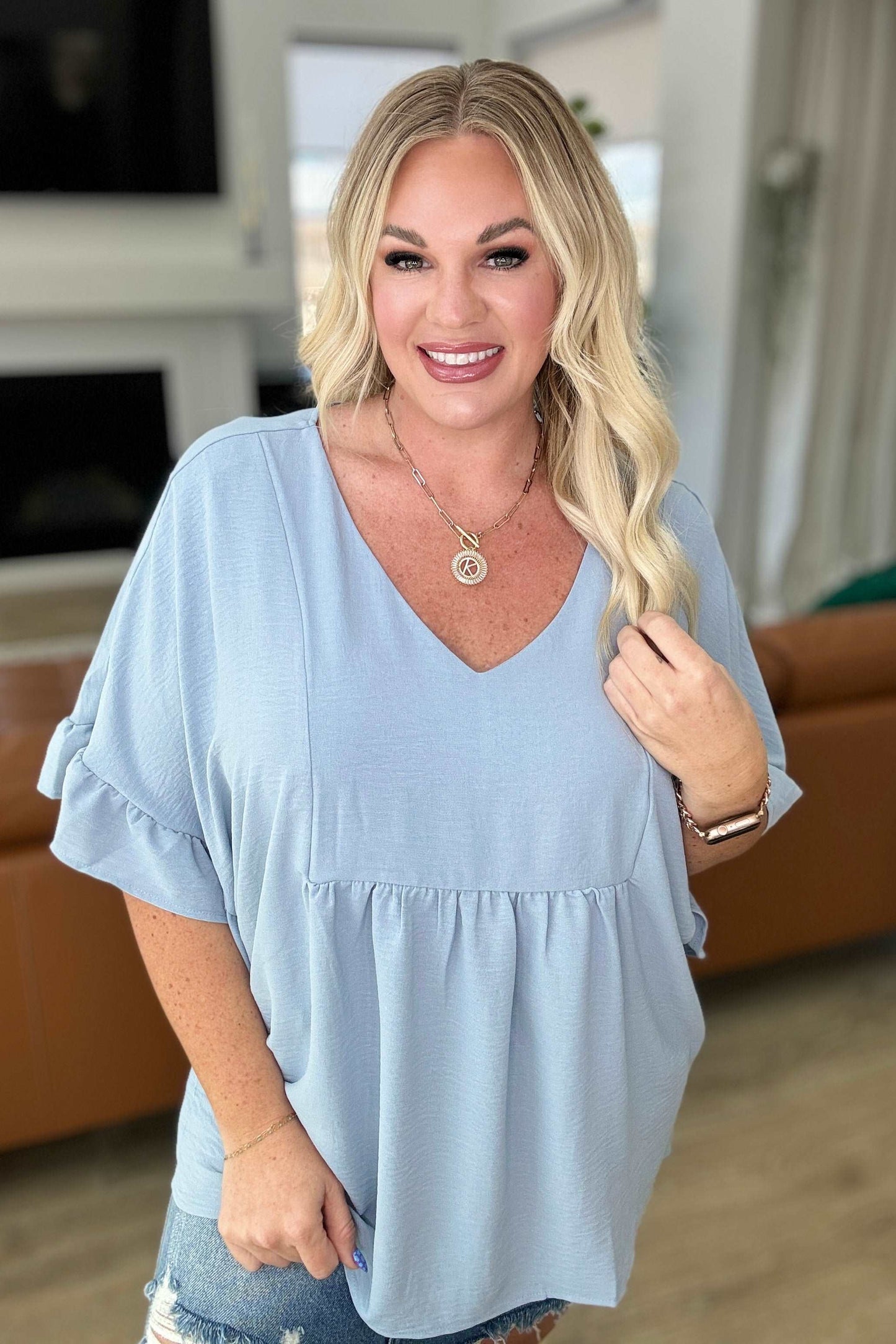 Airflow Peplum Ruffle Sleeve Top in Chambray - Hey Hunni LLC