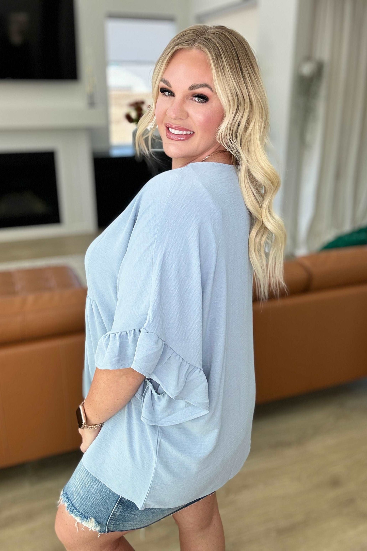 Airflow Peplum Ruffle Sleeve Top in Chambray - Hey Hunni LLC