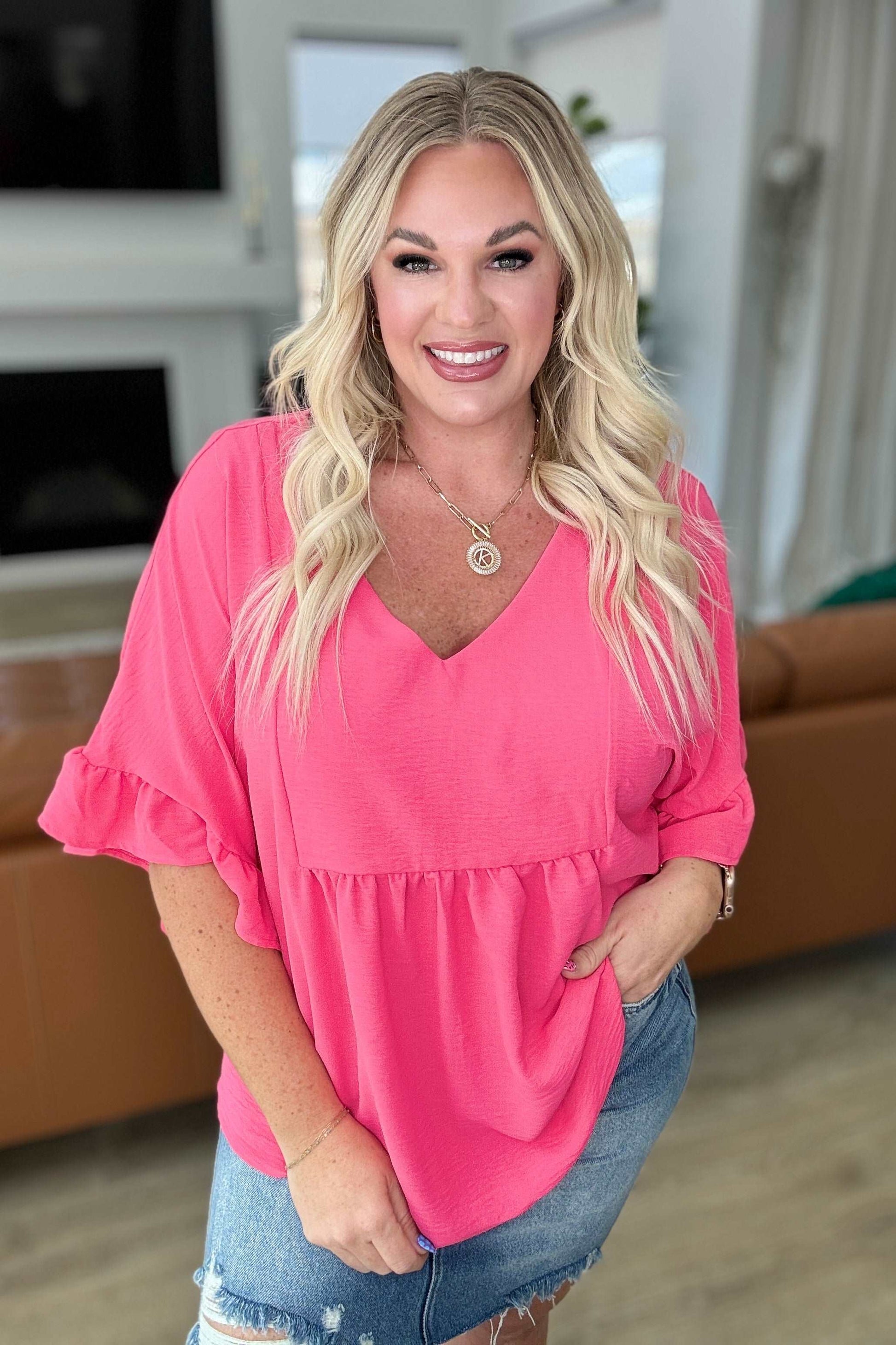 Airflow Peplum Ruffle Sleeve Top in Hot Pink - Hey Hunni LLC