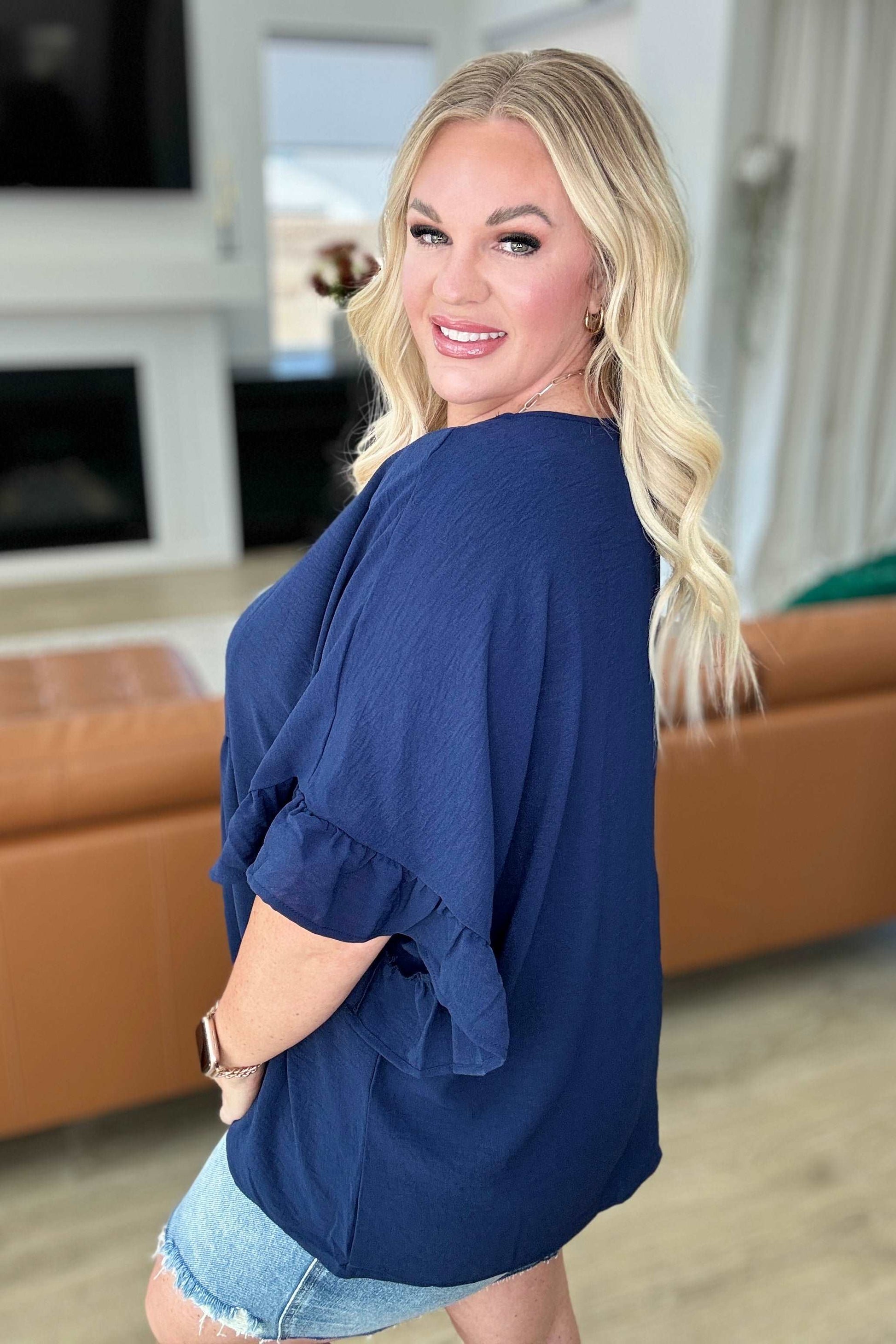 Airflow Peplum Ruffle Sleeve Top in Navy - Hey Hunni LLC