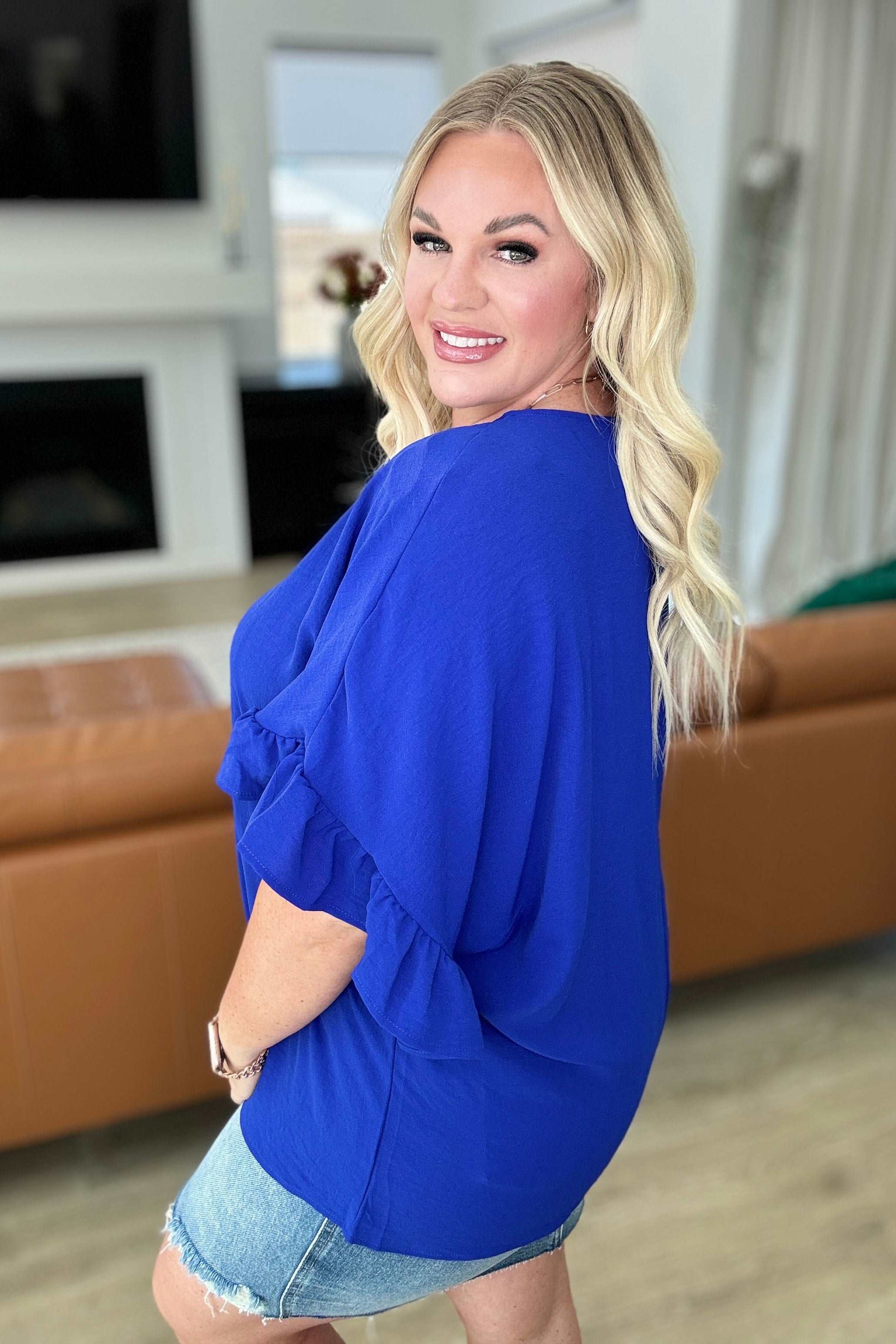 Airflow Peplum Ruffle Sleeve Top in Royal Blue - Hey Hunni LLC