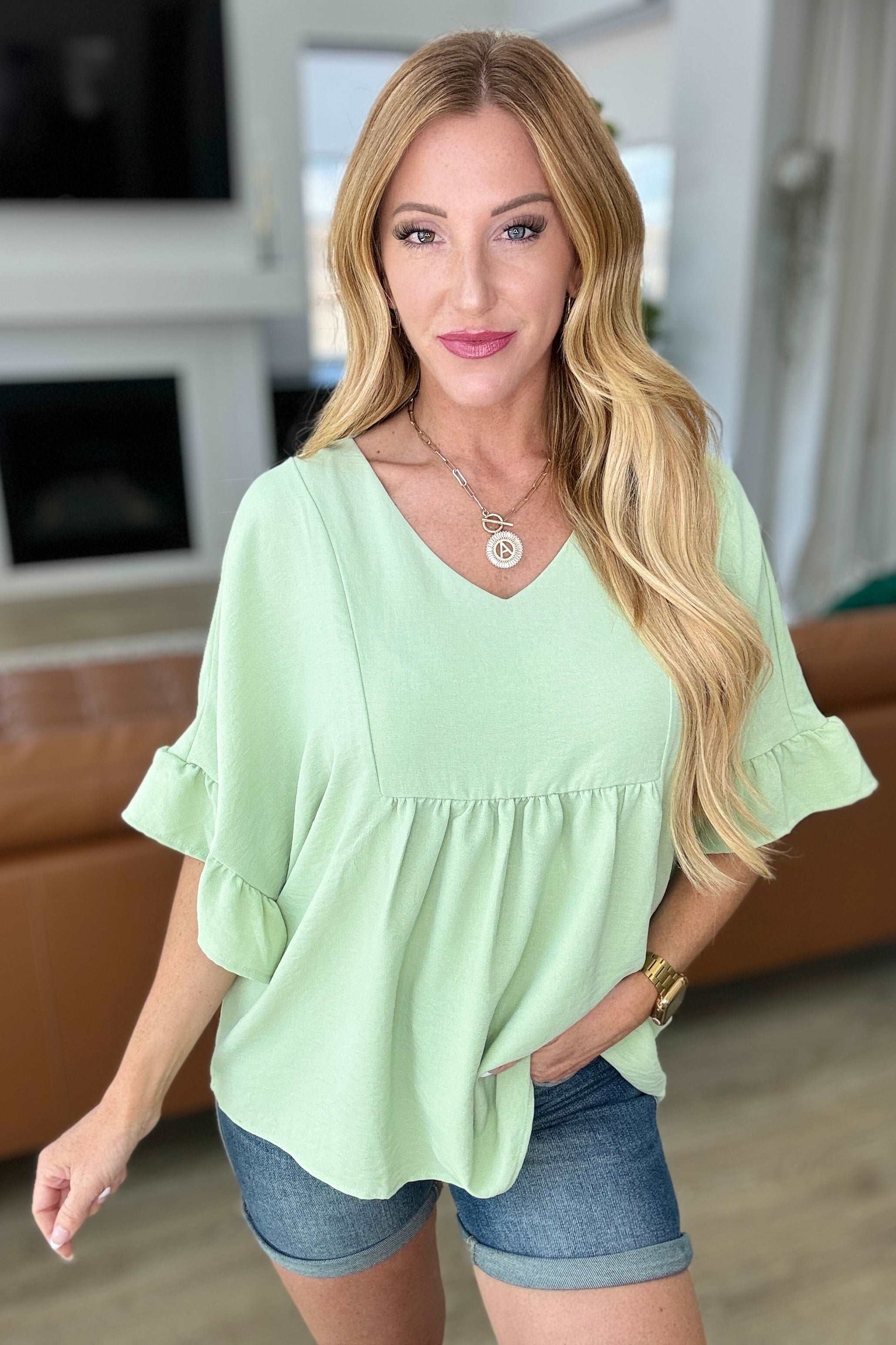 Airflow Peplum Ruffle Sleeve Top in Sage - Hey Hunni LLC