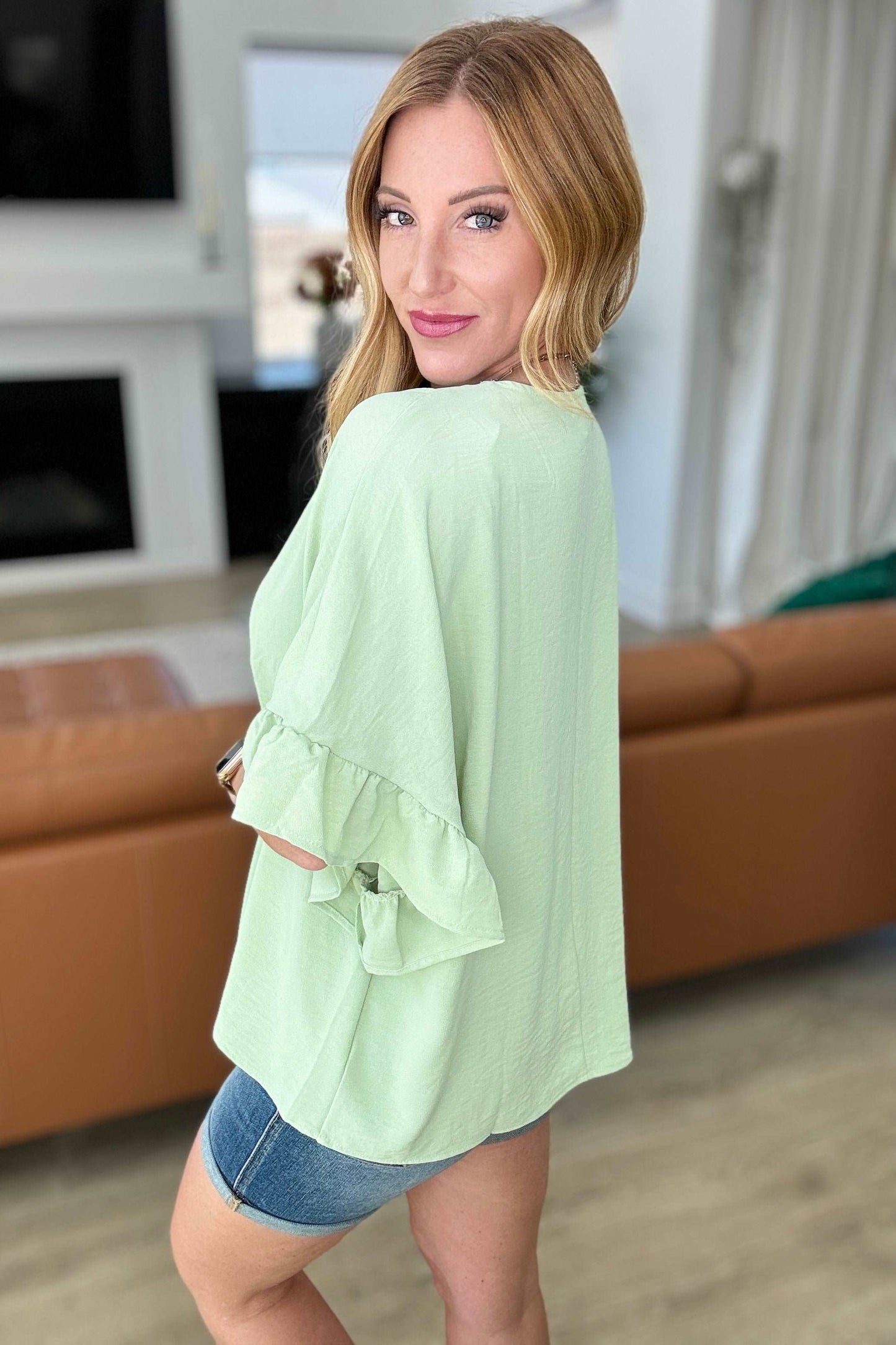 Airflow Peplum Ruffle Sleeve Top in Sage - Hey Hunni LLC