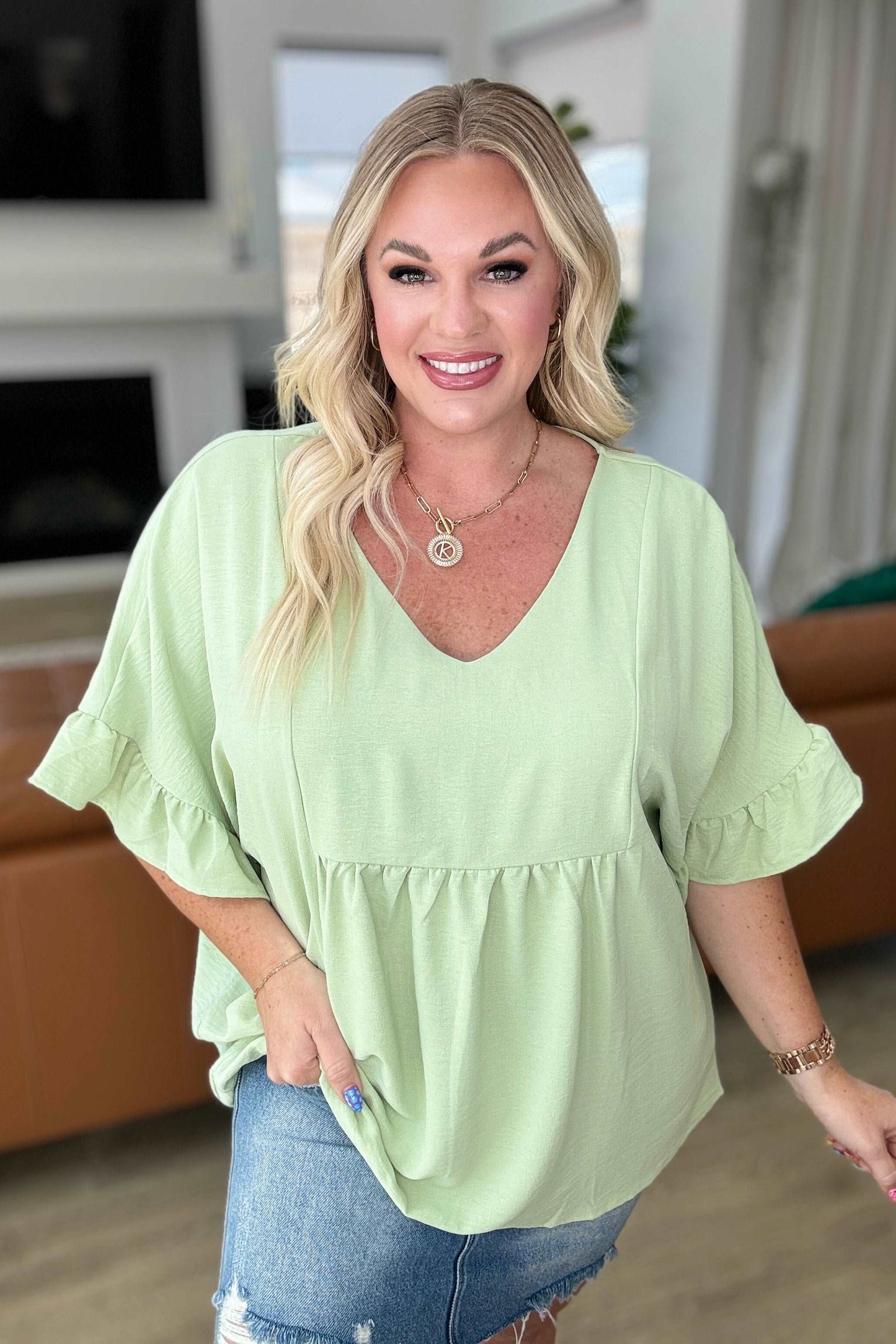 Airflow Peplum Ruffle Sleeve Top in Sage - Hey Hunni LLC