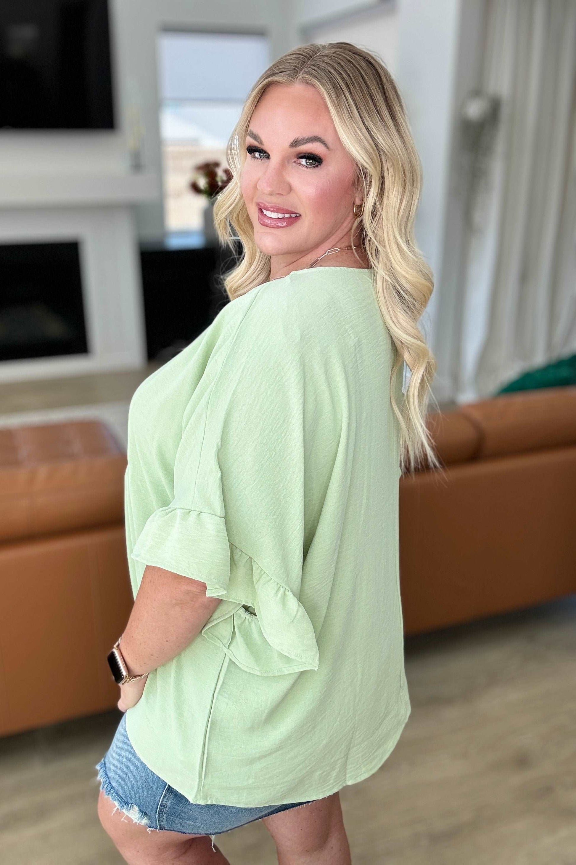 Airflow Peplum Ruffle Sleeve Top in Sage - Hey Hunni LLC