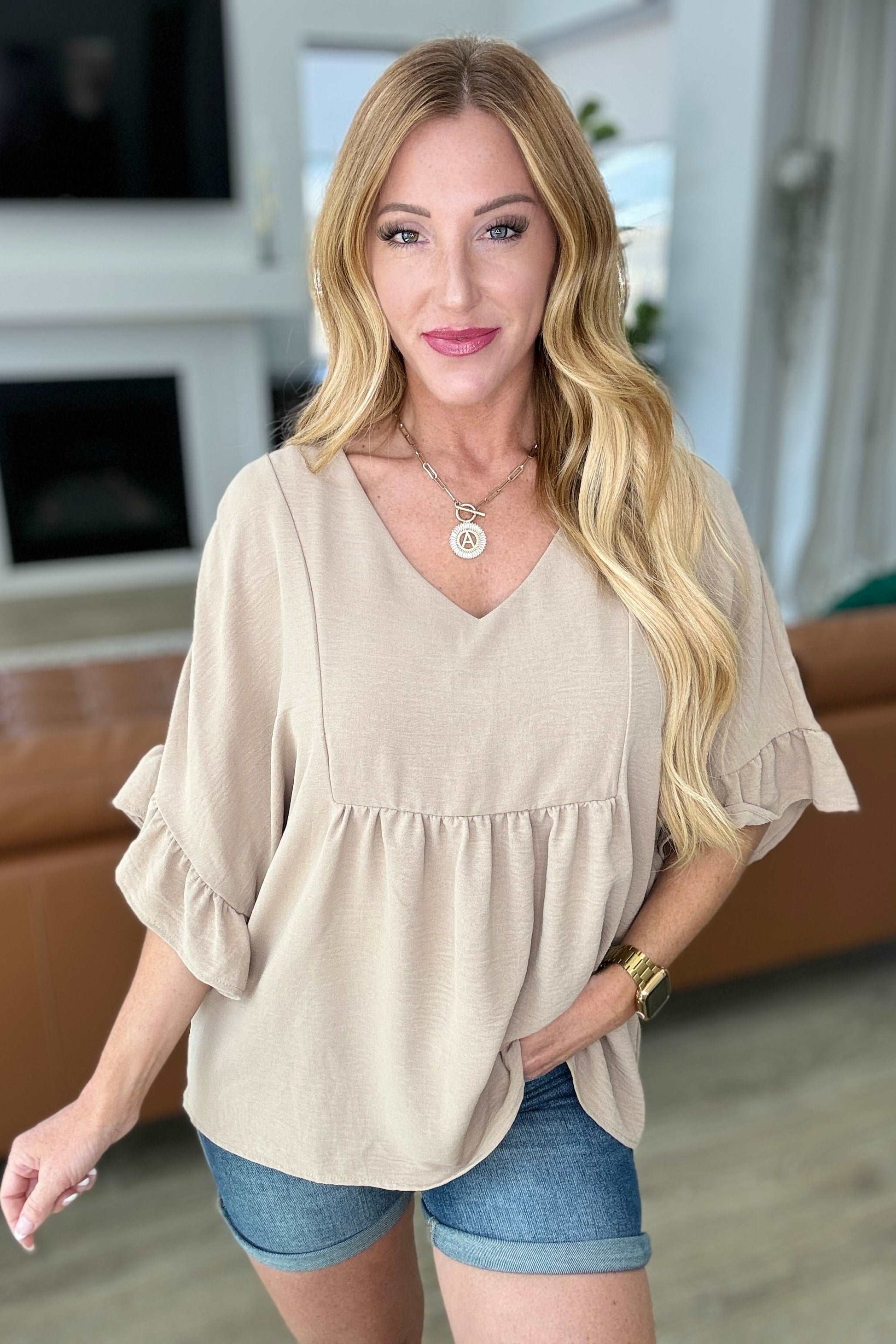 Airflow Peplum Ruffle Sleeve Top in Taupe - Hey Hunni LLC