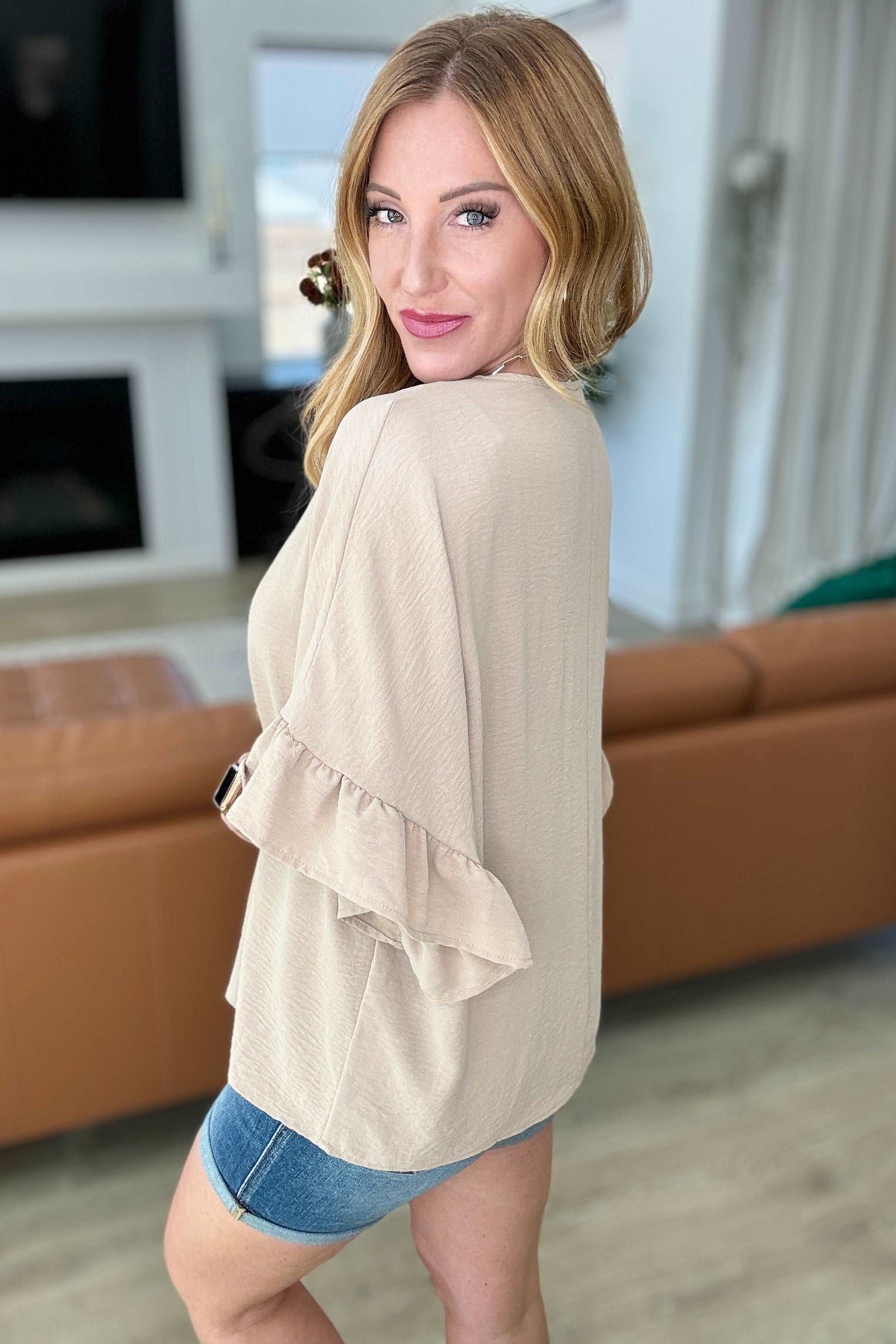 Airflow Peplum Ruffle Sleeve Top in Taupe - Hey Hunni LLC