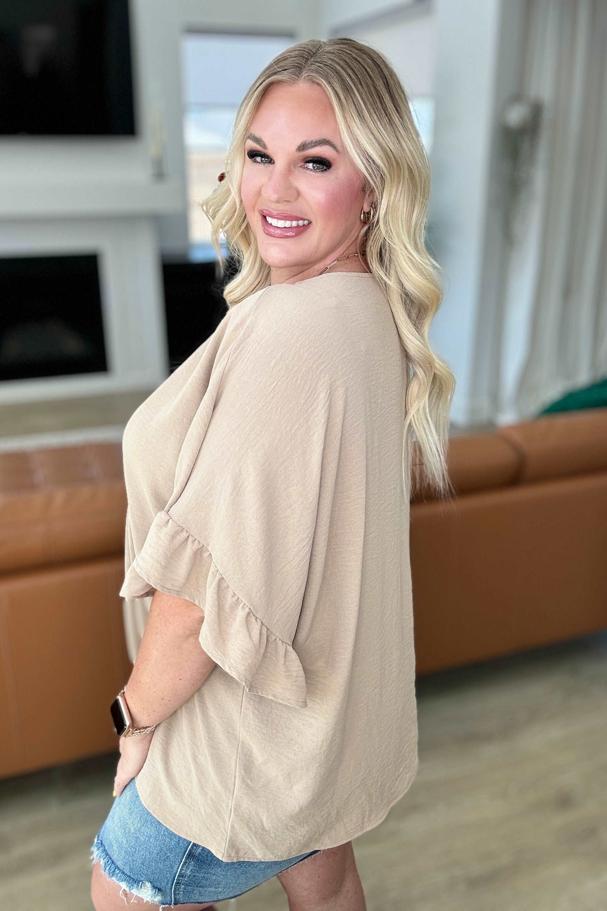 Airflow Peplum Ruffle Sleeve Top in Taupe - Hey Hunni LLC