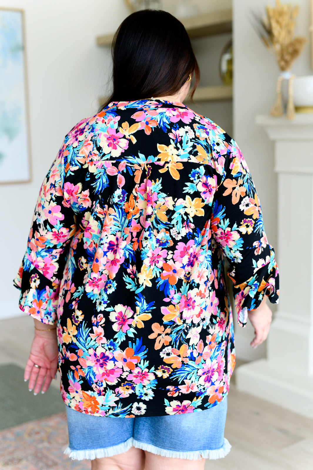 Lizzy Bell Sleeve Top Black and Teal Tropical Floral - Hey Hunni LLC