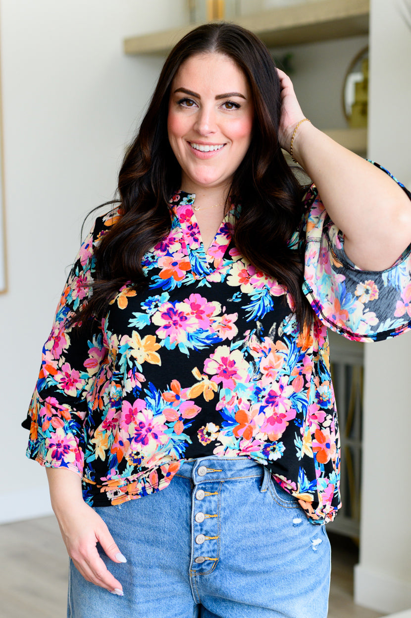 Lizzy Bell Sleeve Top Black and Teal Tropical Floral - Hey Hunni LLC