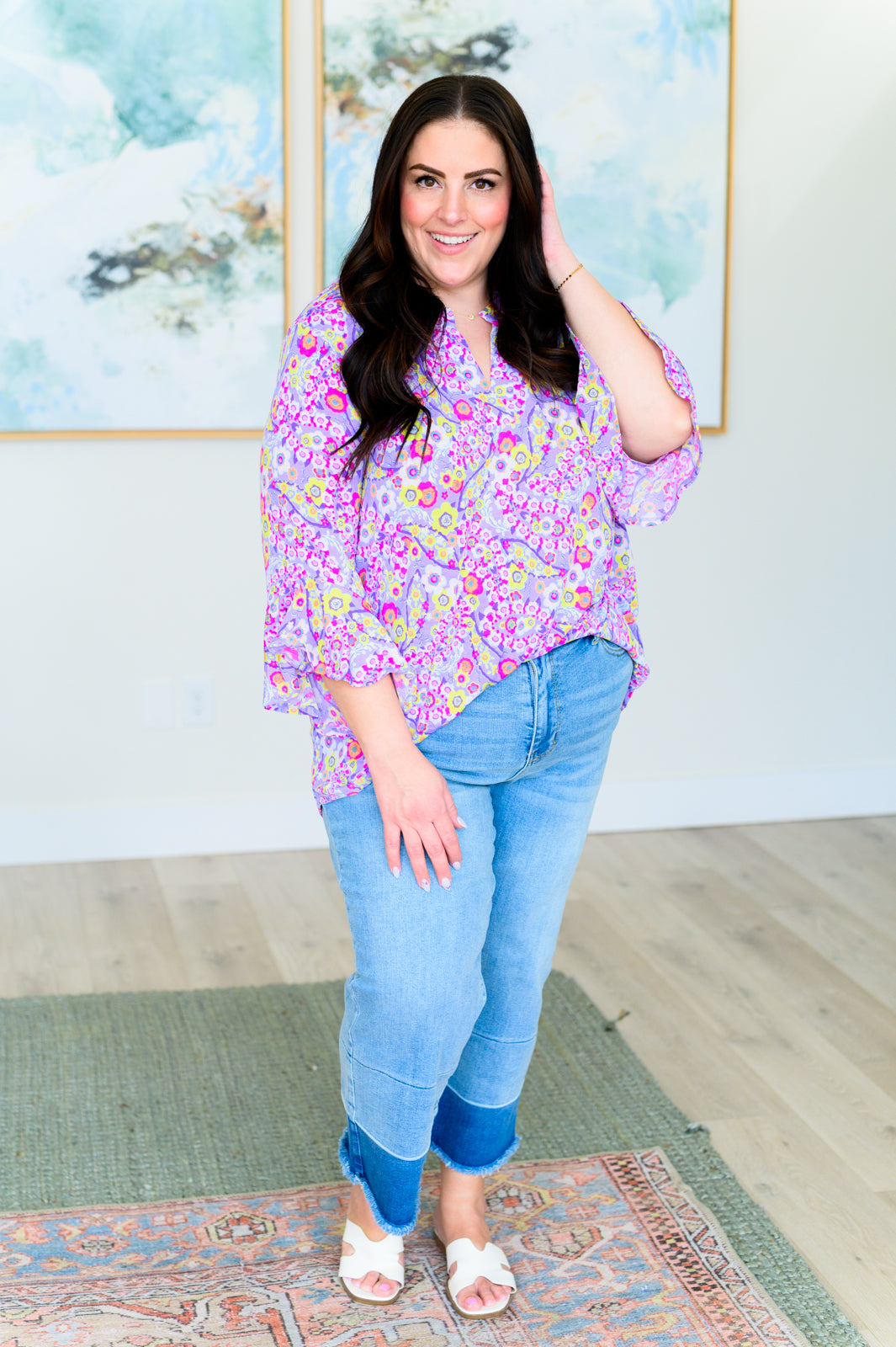 Lizzy Bell Sleeve Top in Lavender Retro Ditsy Floral - Hey Hunni LLC