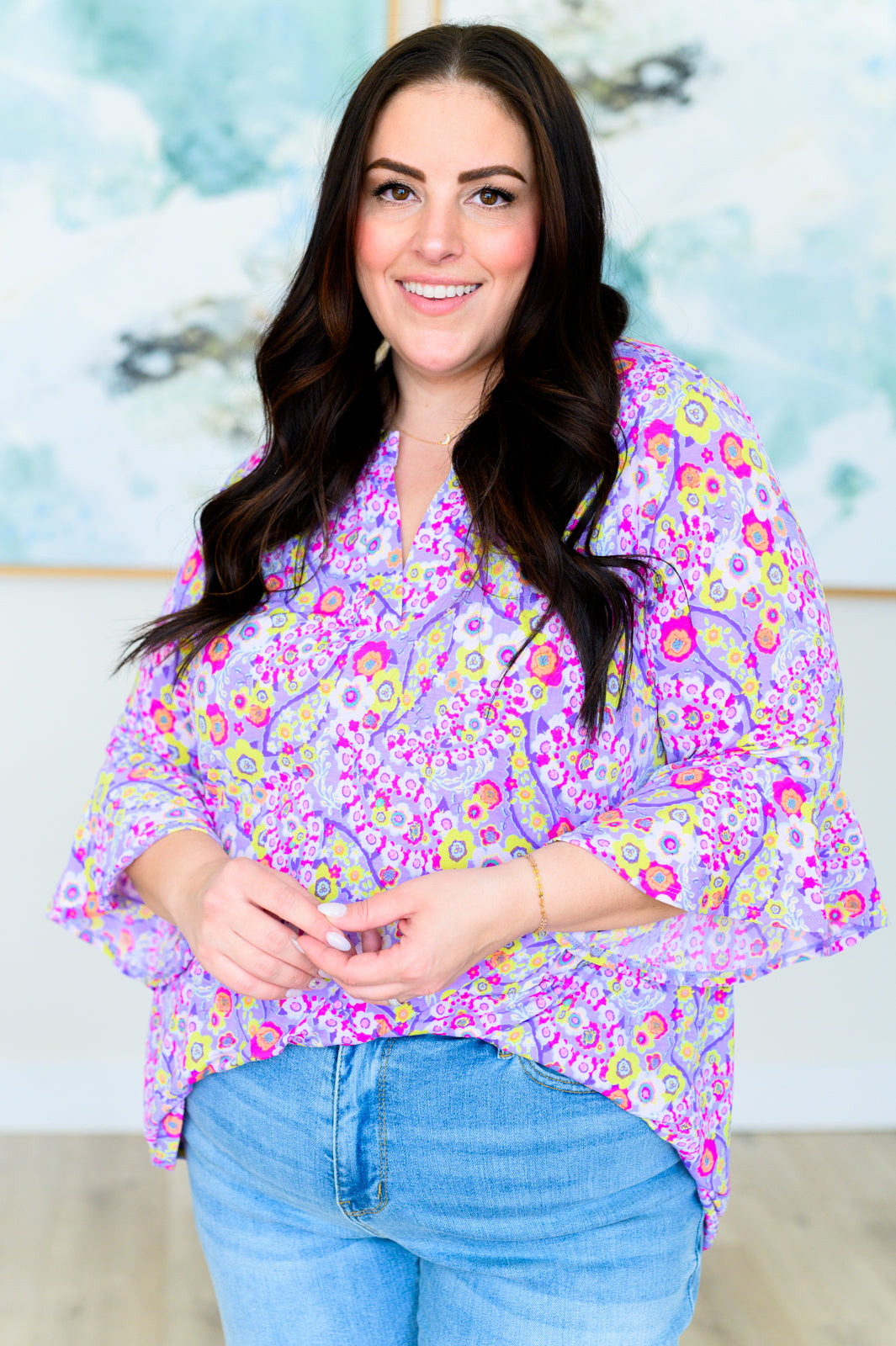 Lizzy Bell Sleeve Top in Lavender Retro Ditsy Floral - Hey Hunni LLC