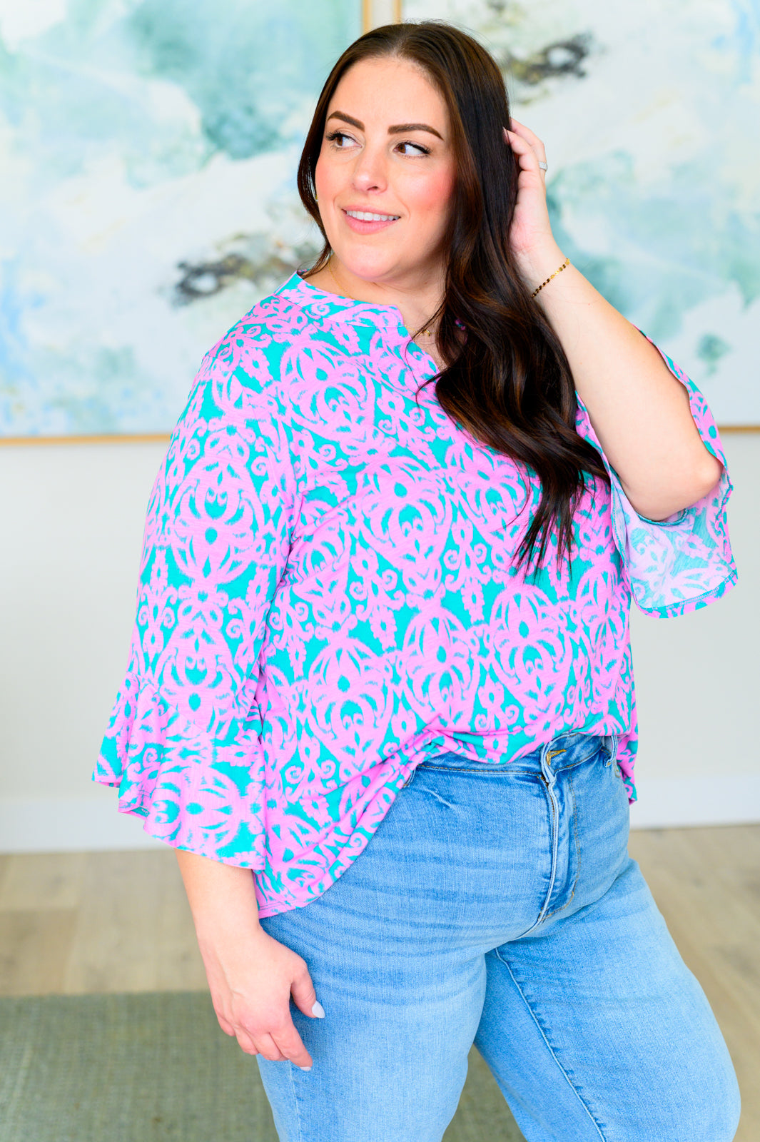 Lizzy Bell Sleeve Top in Mint and Pink Damask - Hey Hunni LLC