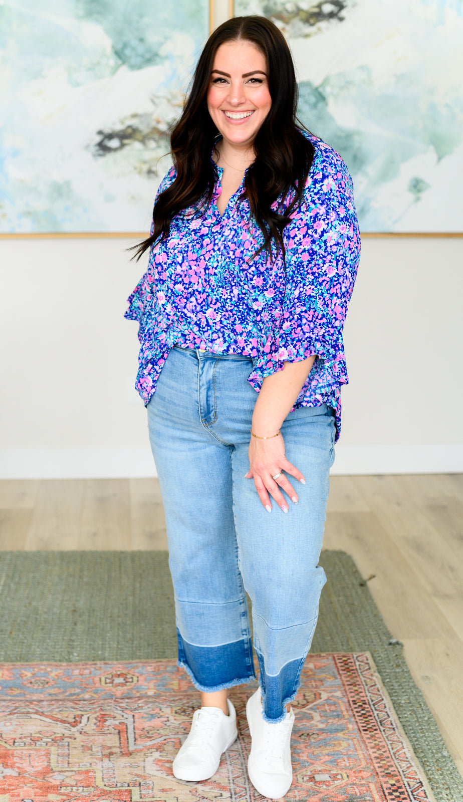 Lizzy Bell Sleeve Top in Navy and Pink Floral - Hey Hunni LLC