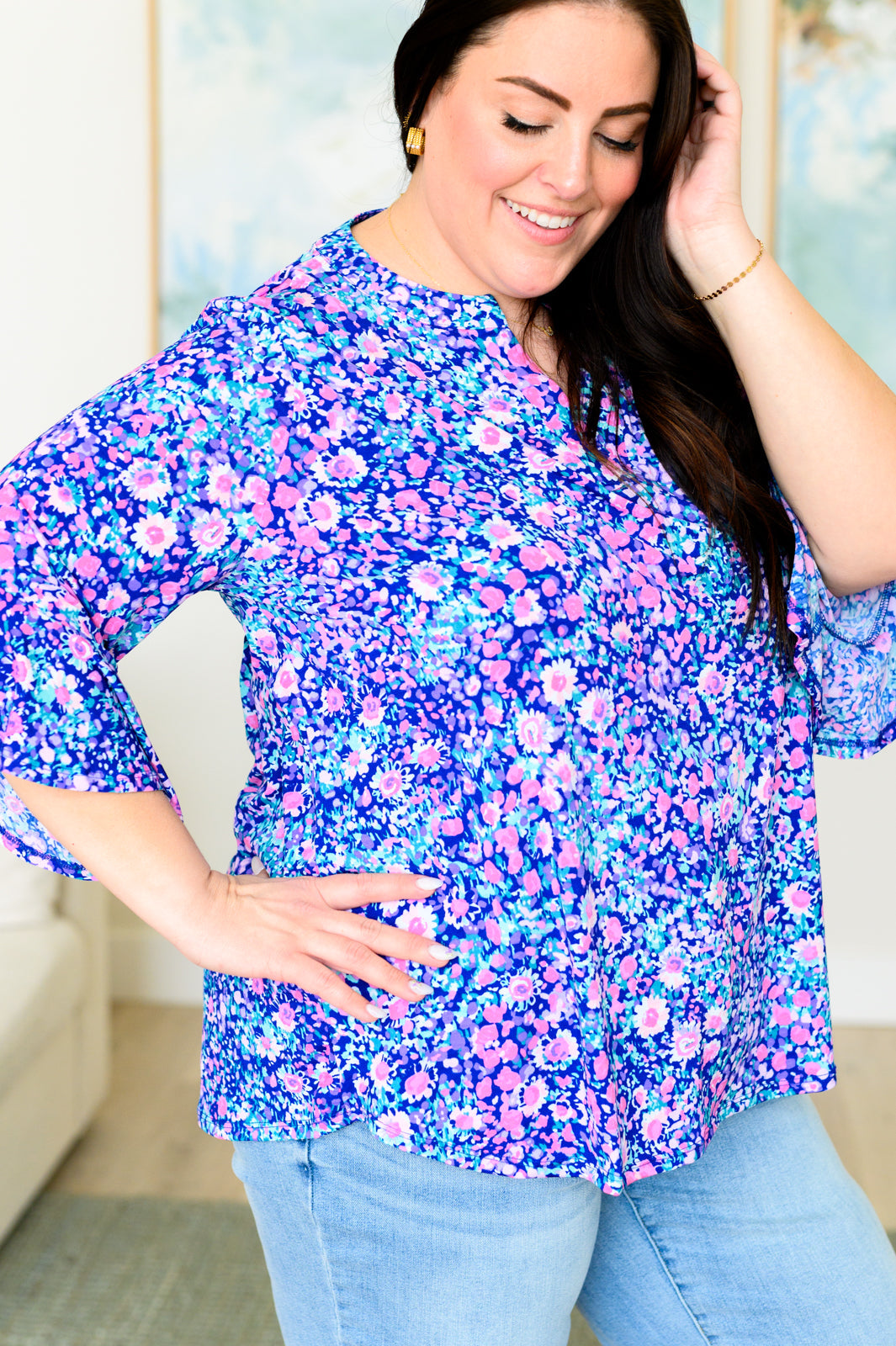 Lizzy Bell Sleeve Top in Navy and Pink Floral - Hey Hunni LLC