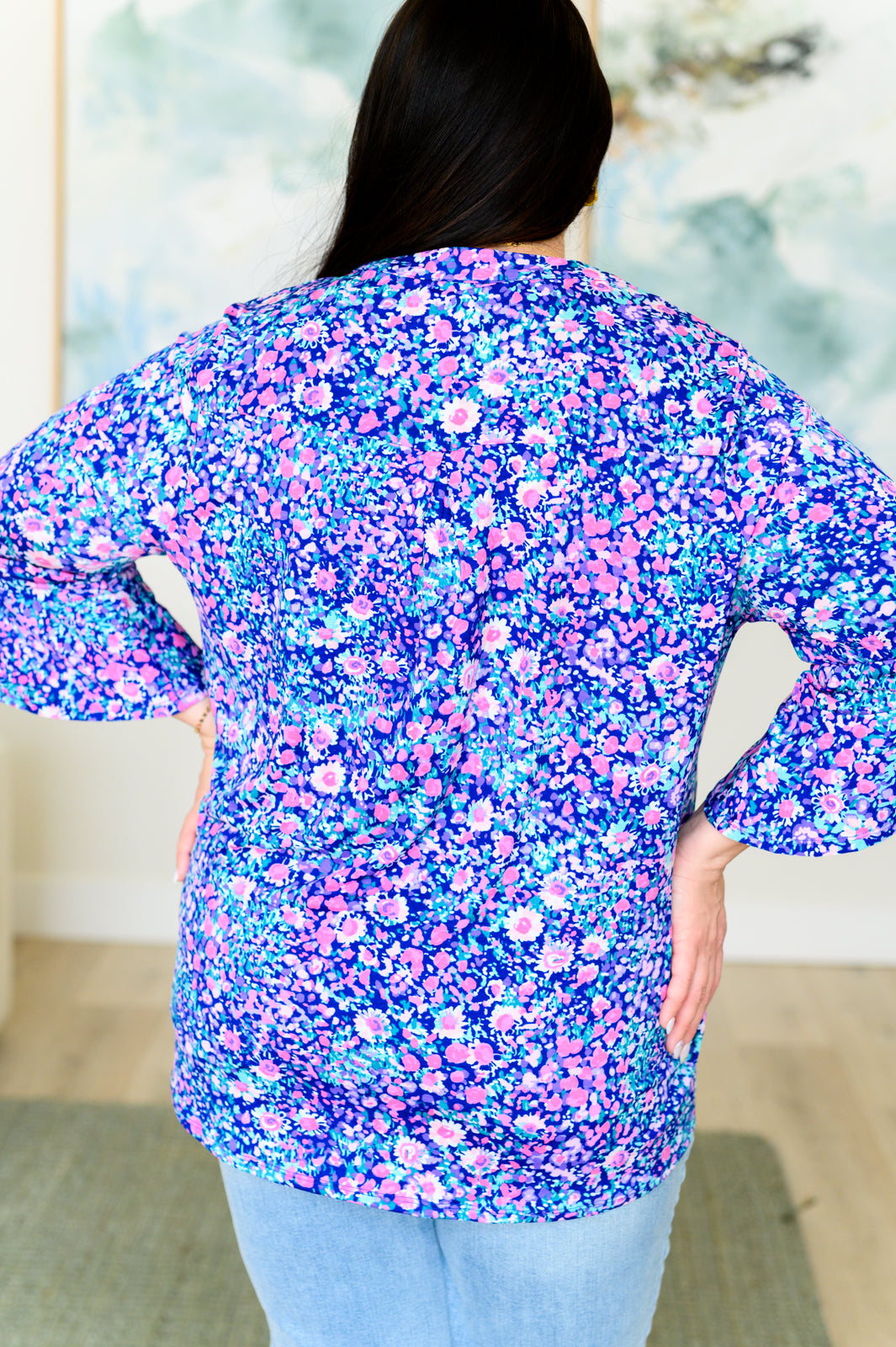 Lizzy Bell Sleeve Top in Navy and Pink Floral - Hey Hunni LLC