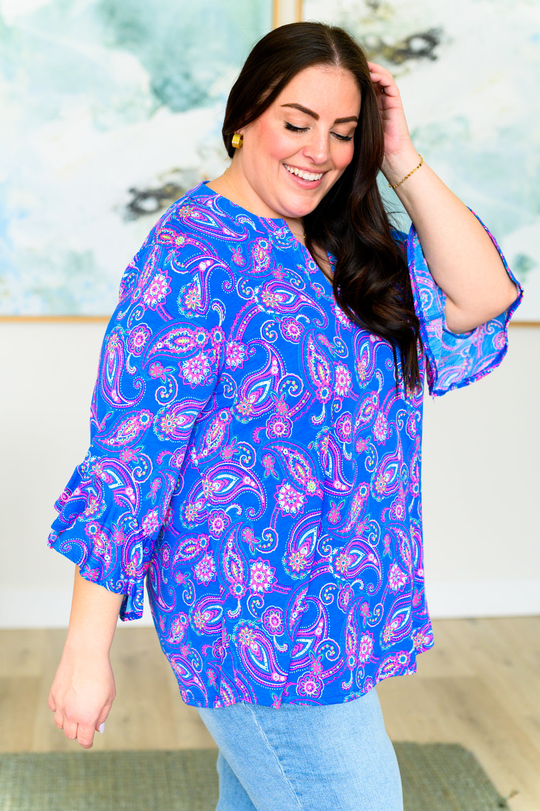 Lizzy Bell Sleeve Top in Royal Paisley - Hey Hunni LLC