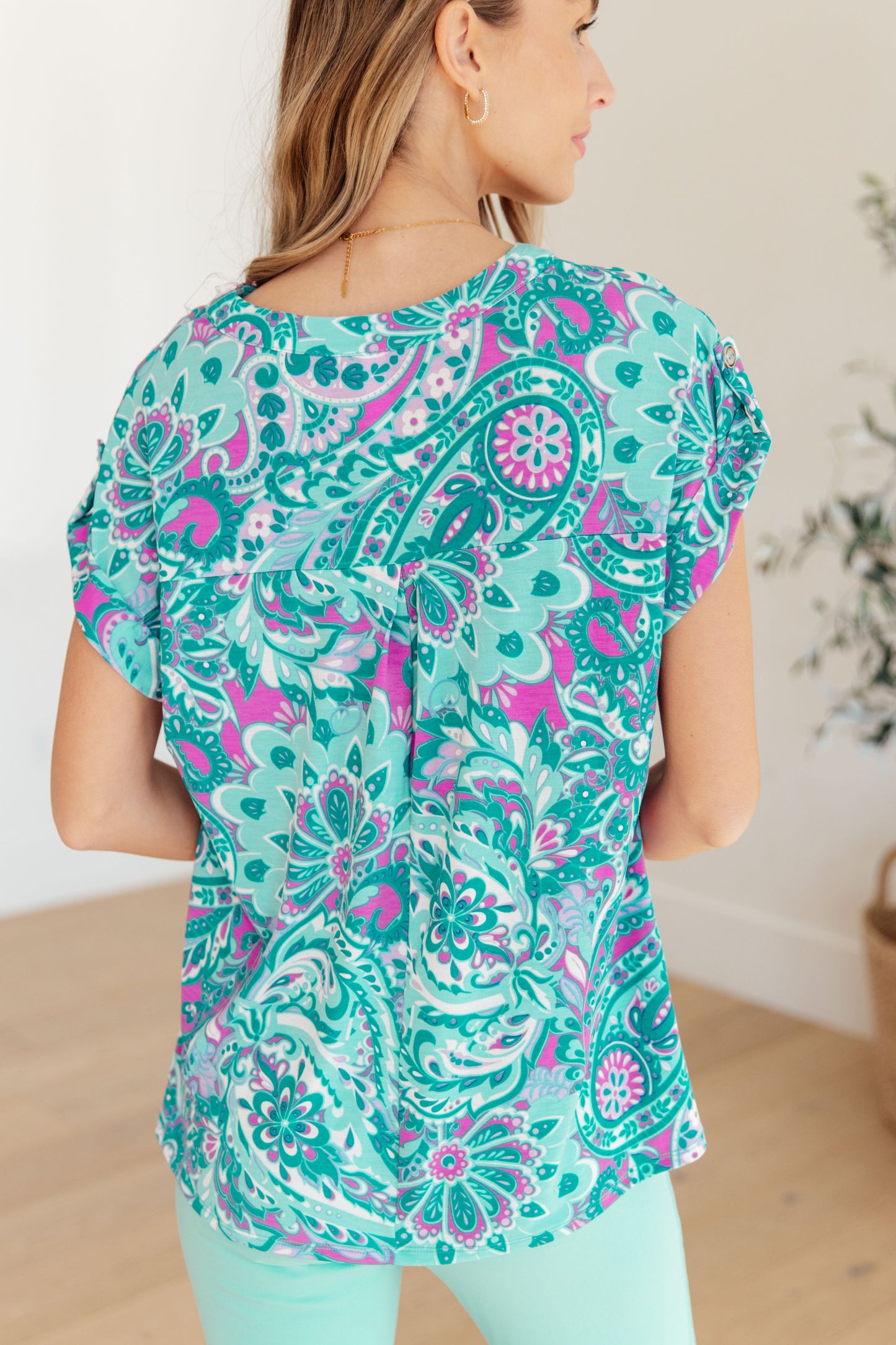 Lizzy Cap Sleeve Top in Magenta and Teal Paisley - Hey Hunni LLC