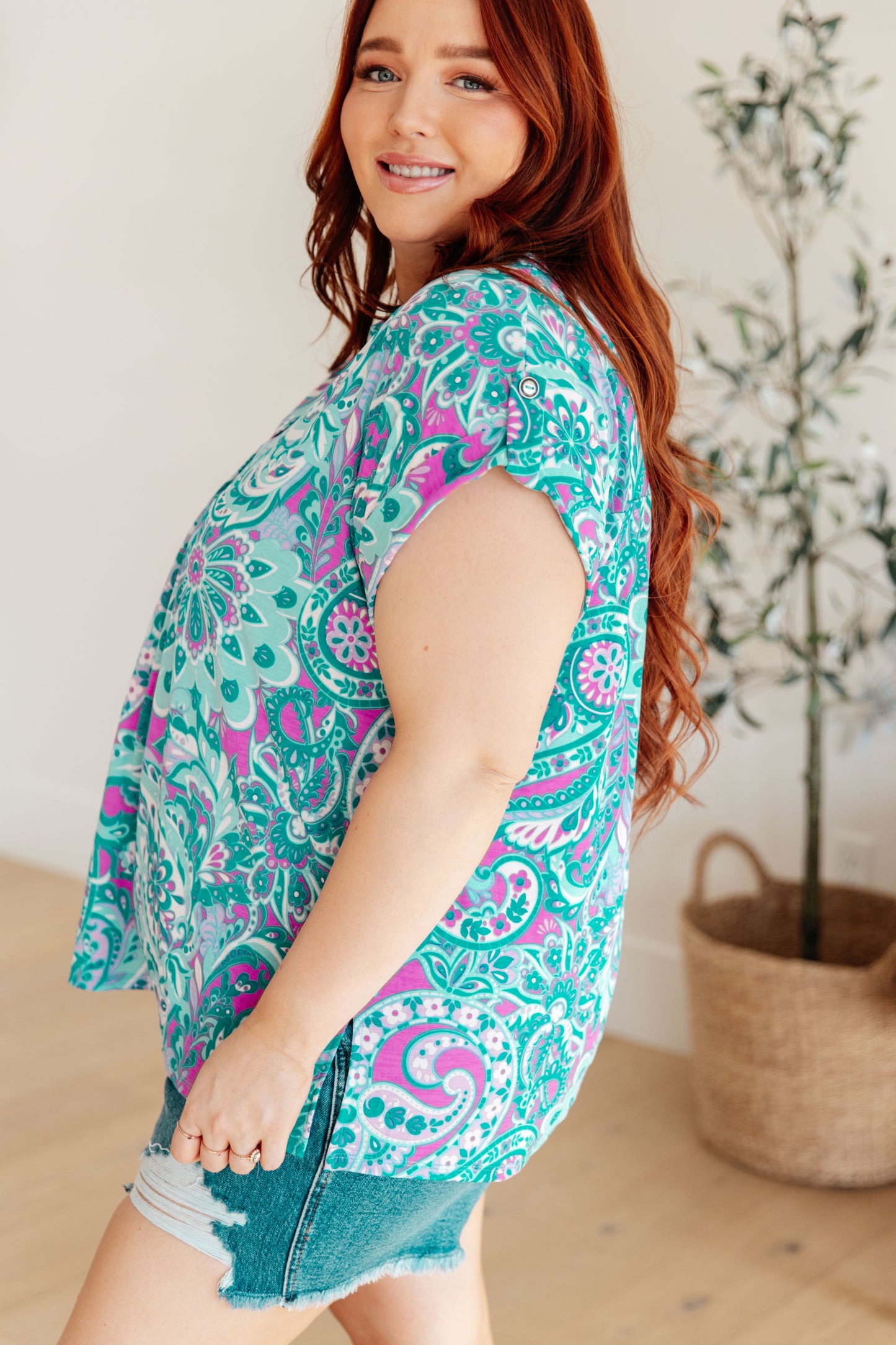 Lizzy Cap Sleeve Top in Magenta and Teal Paisley - Hey Hunni LLC